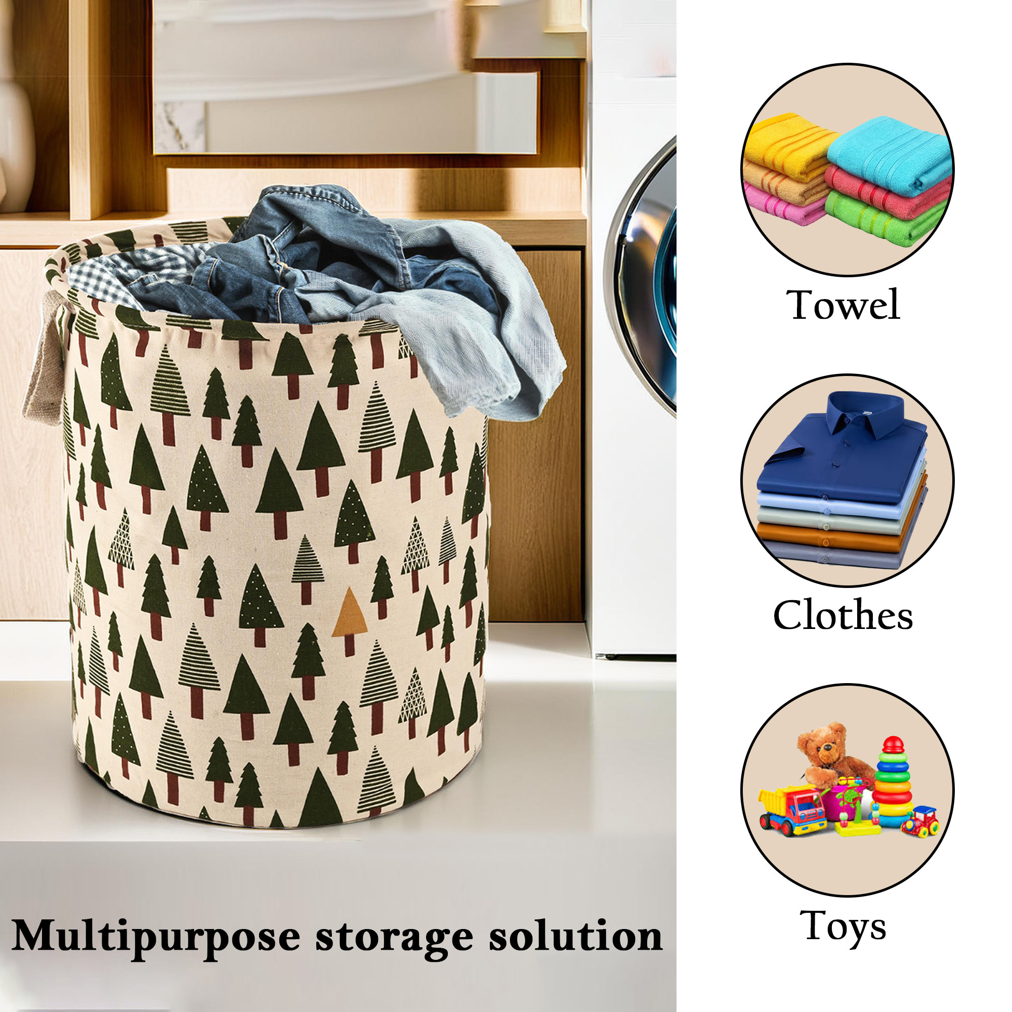 Kuber Industries 60 LTR Foldable  Portable Laundry Basket for Clothes with Carry Handles  Durable  Easy To Clean Laundry Towel  Toy Bag for Kids Storage  Tree Print- Green