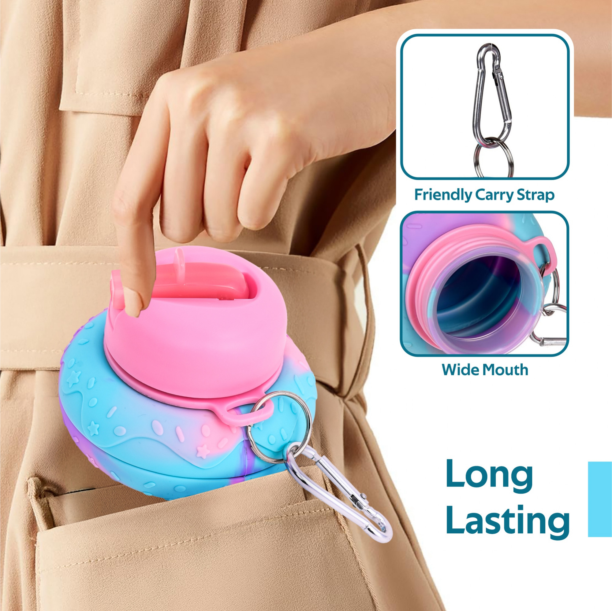 Kuber industries 600 ml Foldable Silicone Sipper water bottle for women girls  men  Leak-Proof  Easy To Clean water bottle for college School  Office  Multicolor