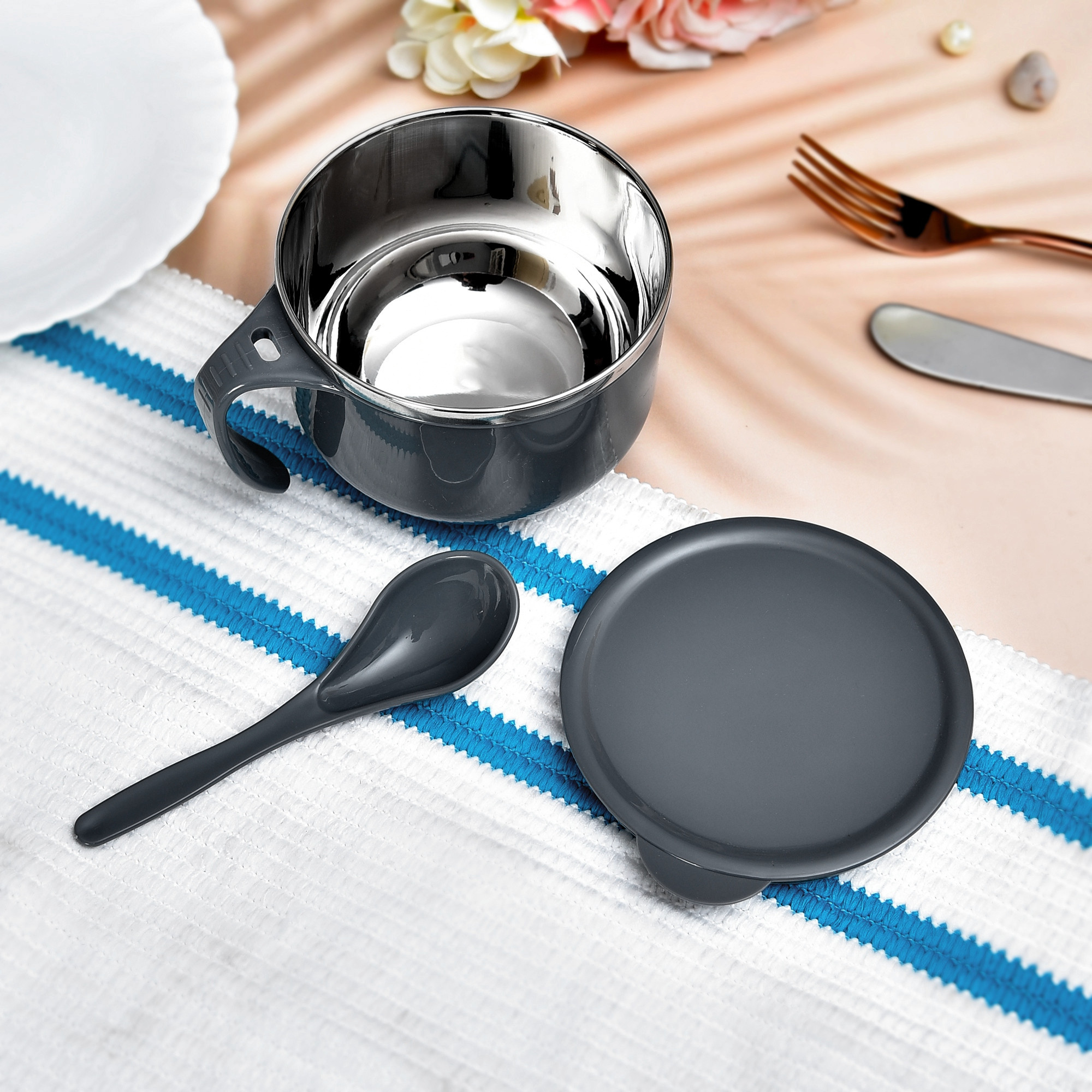 Kuber Industries 600ml Airtight-Lid Stainless Steel Soup Bowl with Spoon  Holder  Leakproof Food Container for Noodles Pasta  Milk  Maggie Bowl  Souptok for Eating  Grey