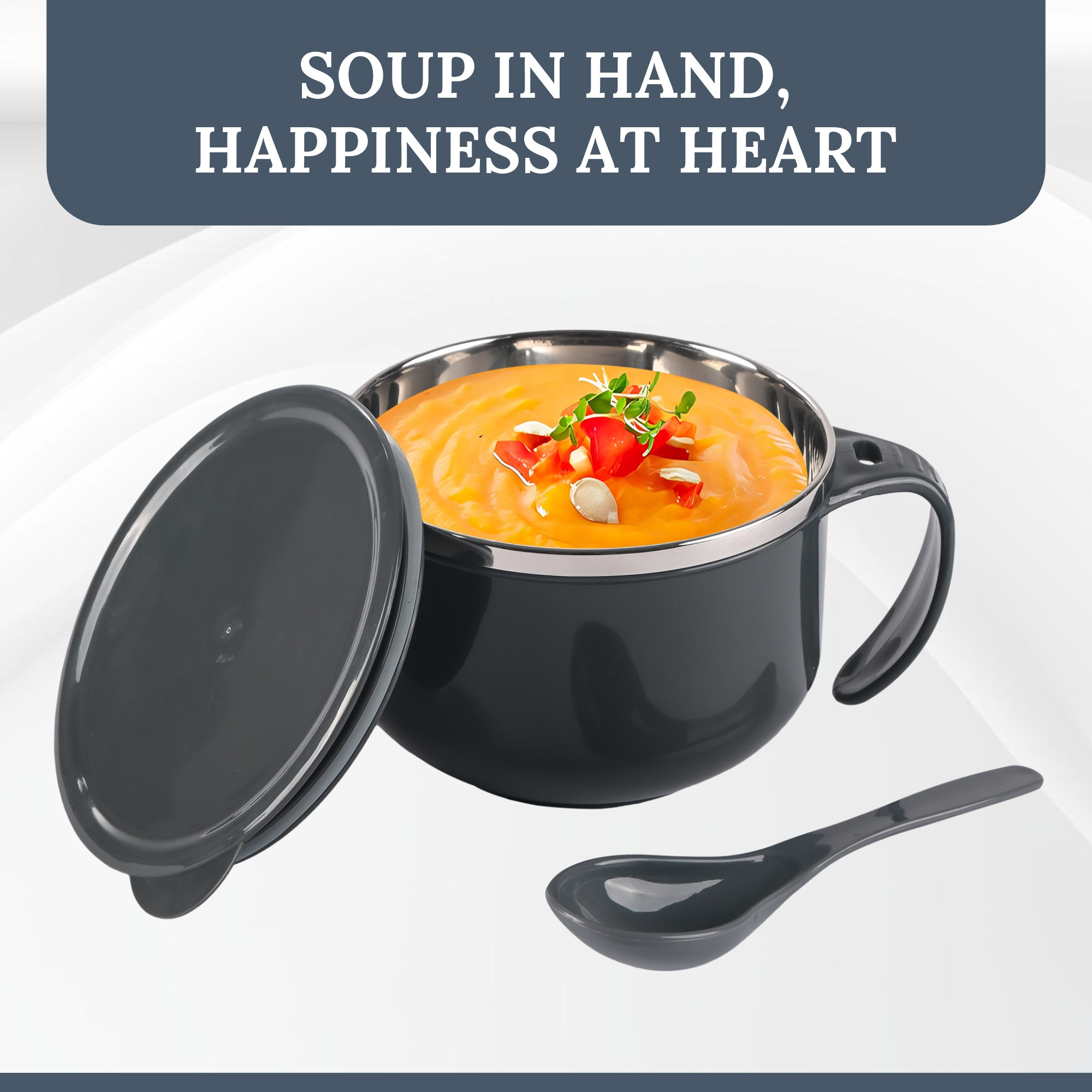 Kuber Industries 600ml Airtight-Lid Stainless Steel Soup Bowl with Spoon  Holder  Leakproof Food Container for Noodles Pasta  Milk  Maggie Bowl  Souptok for Eating  Grey