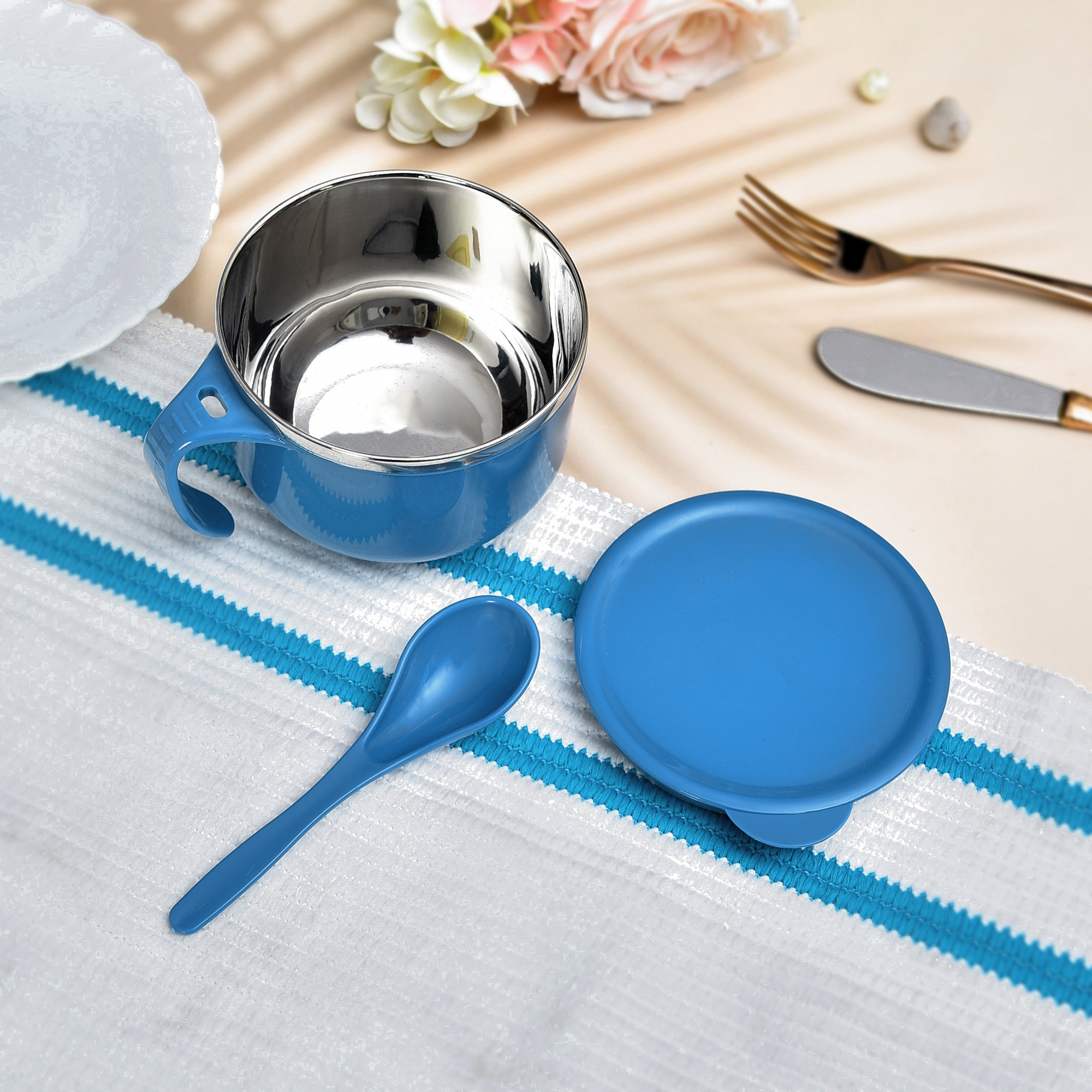 Kuber Industries 600ml Airtight-Lid Stainless Steel Soup Bowl with Spoon  Holder  Leakproof Food Container for Noodles Pasta  Milk  Maggie Bowl  Souptok for Eating  Navy Blue