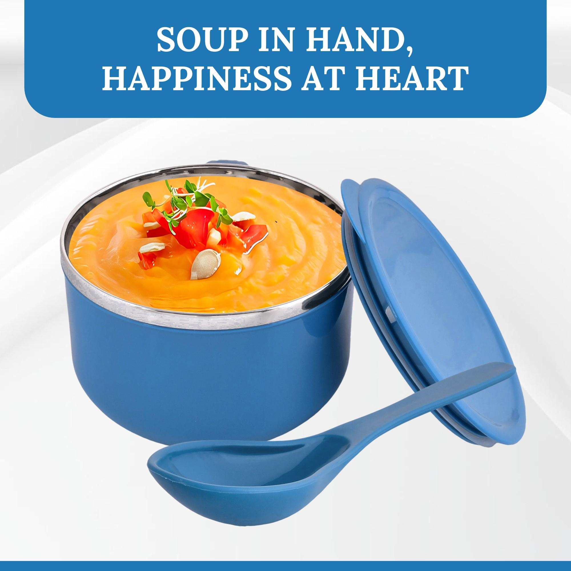 Kuber Industries 600ml Airtight-Lid Stainless Steel Soup Bowl with Spoon  Holder  Leakproof Food Container for Noodles Pasta  Milk  Maggie Bowl  Souptok for Eating  Navy Blue