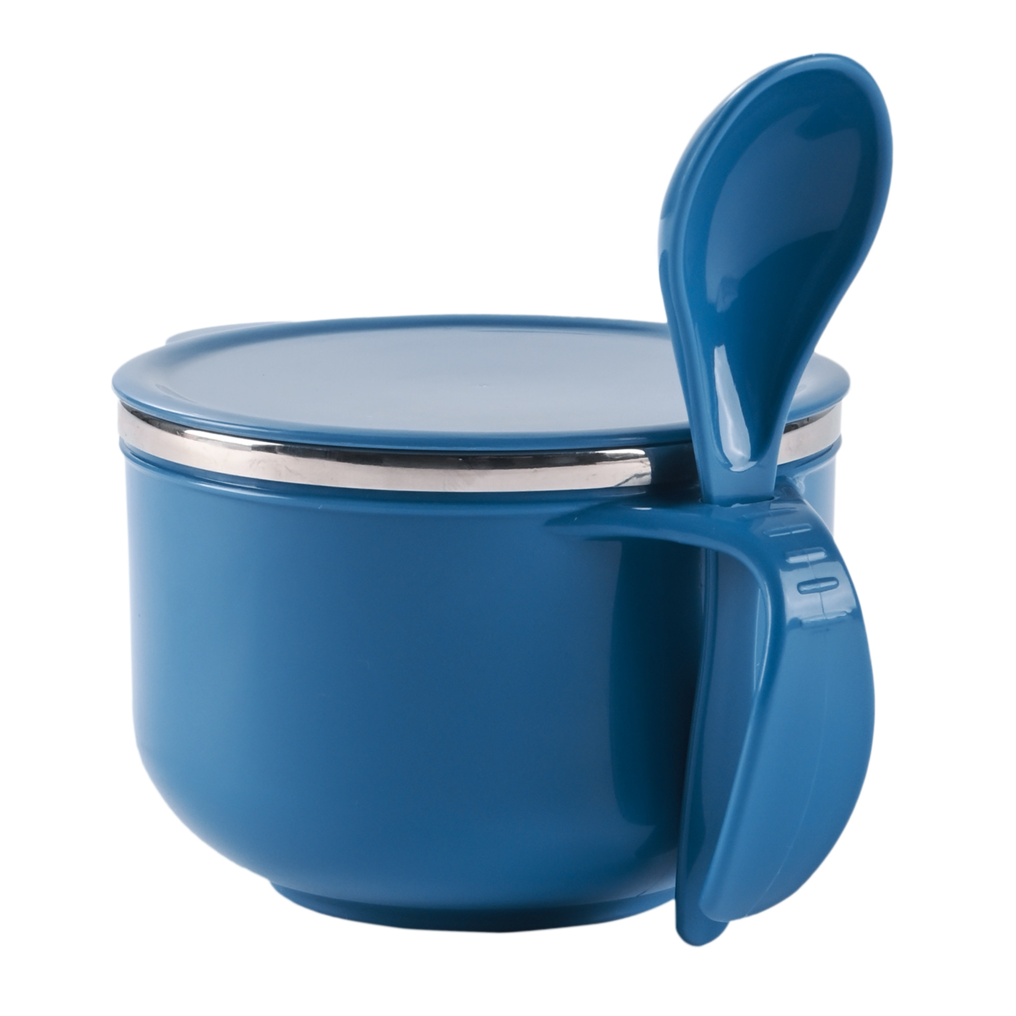 Kuber Industries 600ml Airtight-Lid Stainless Steel Soup Bowl with Spoon  Holder  Leakproof Food Container for Noodles Pasta  Milk  Maggie Bowl  Souptok for Eating  Navy Blue