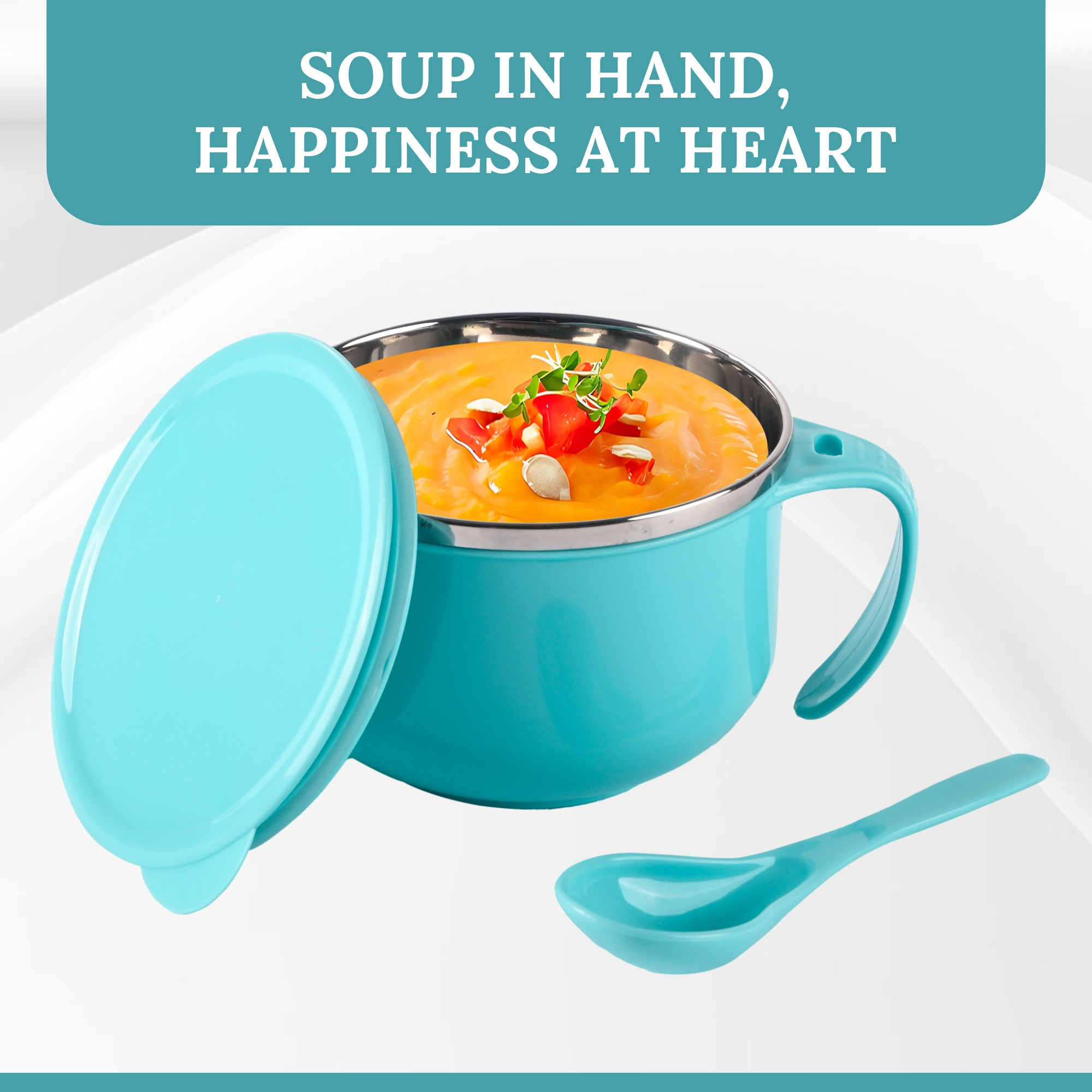 Kuber Industries 600ml Airtight-Lid Stainless Steel Soup Bowl with Spoon  Holder  Leakproof Food Container for Noodles Pasta  Milk  Maggie Bowl  Souptok for Eating  Blue