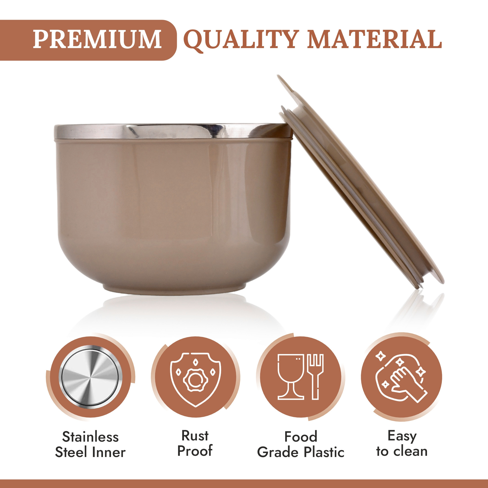 Kuber Industries 600ml Airtight-Lid Stainless Steel Soup Bowl with Spoon  Holder  Leakproof Food Container for Noodles Pasta  Milk  Maggie Bowl  Souptok for Eating  Brown