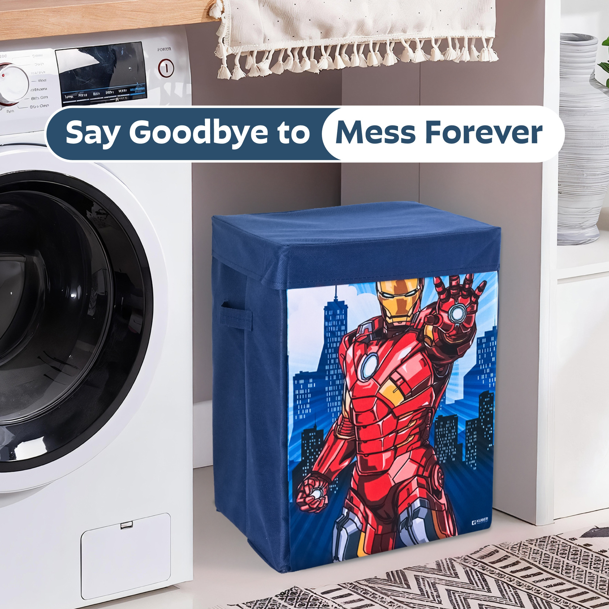 Kuber Industries 60L Big Size Laundry Basket for Clothes with Lid  Marvel Ironman Laundry Bag Foldable for Books Toys  Washing Clothes Storage Basket  Toys Box Storage for Kids  Navy Blue