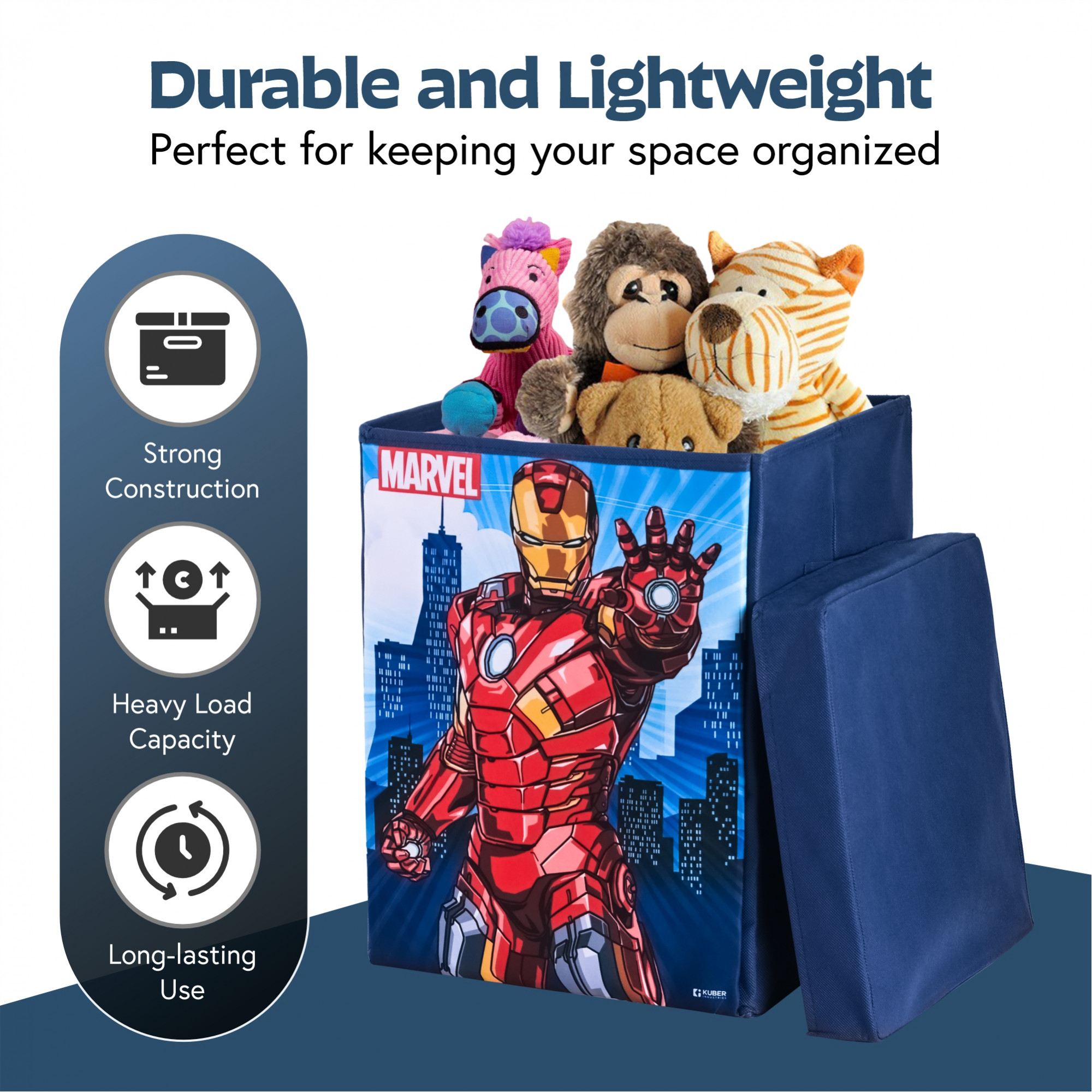 Kuber Industries 60L Big Size Laundry Basket for Clothes with Lid  Marvel Ironman Laundry Bag Foldable for Books Toys  Washing Clothes Storage Basket  Toys Box Storage for Kids  Navy Blue