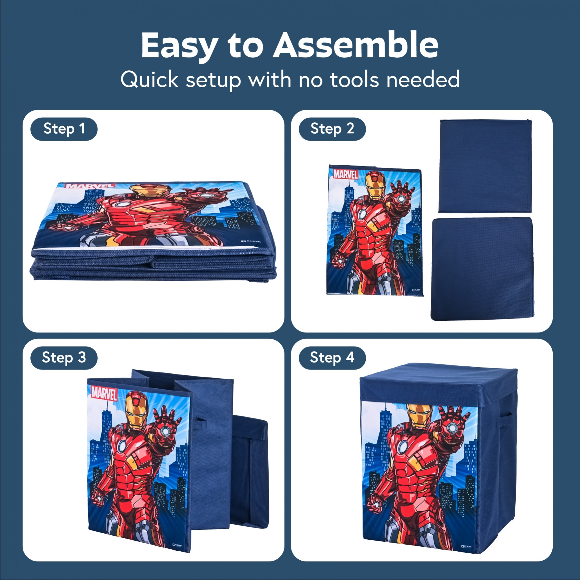 Kuber Industries 60L Big Size Laundry Basket for Clothes with Lid  Marvel Ironman Laundry Bag Foldable for Books Toys  Washing Clothes Storage Basket  Toys Box Storage for Kids  Navy Blue