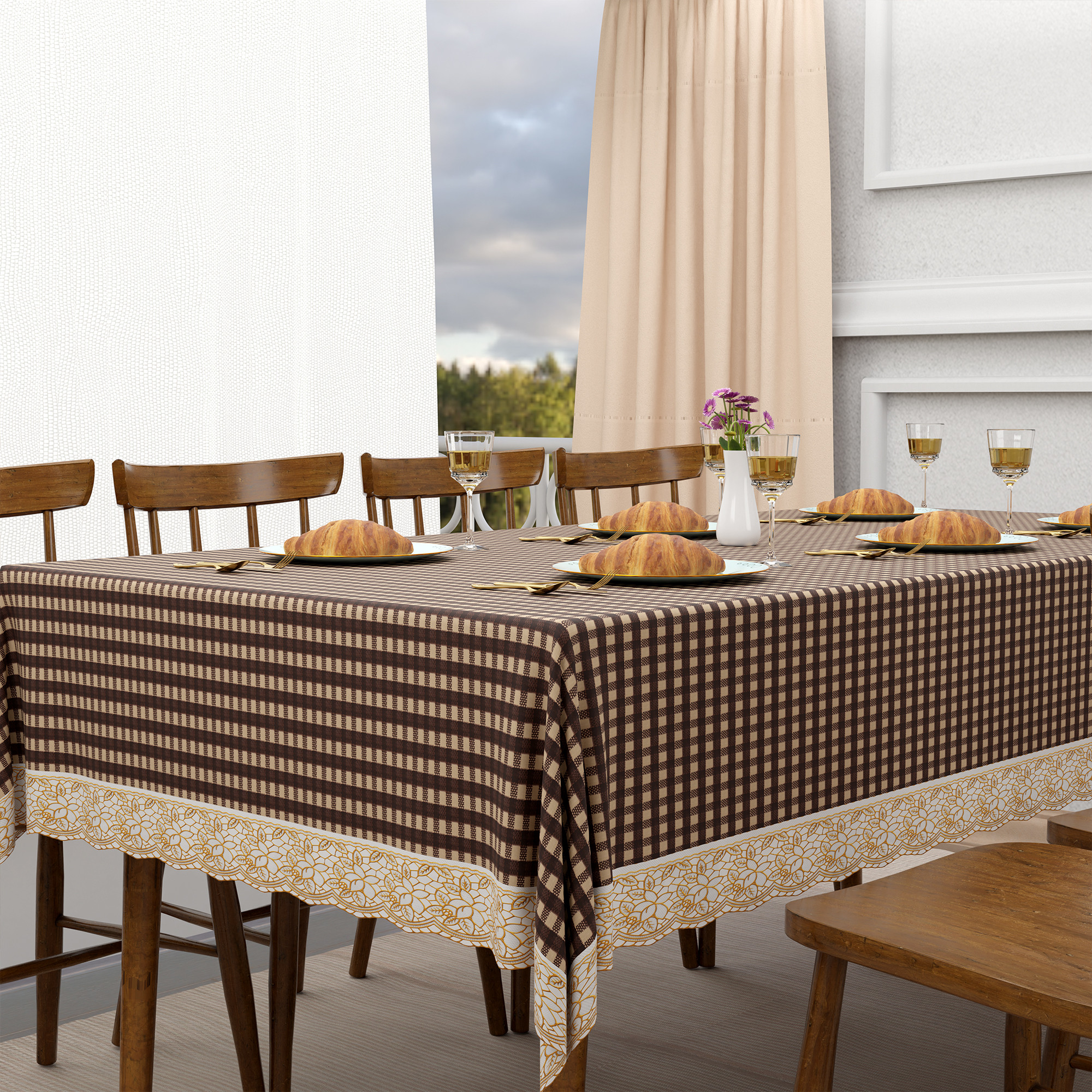 Kuber Industries 60x108 Inches PVC Dining Table Cover 8 Seater  Waterproof  Dustproof Table Protector Cloth For Home  Restaurant  Barik Check Print - Brown