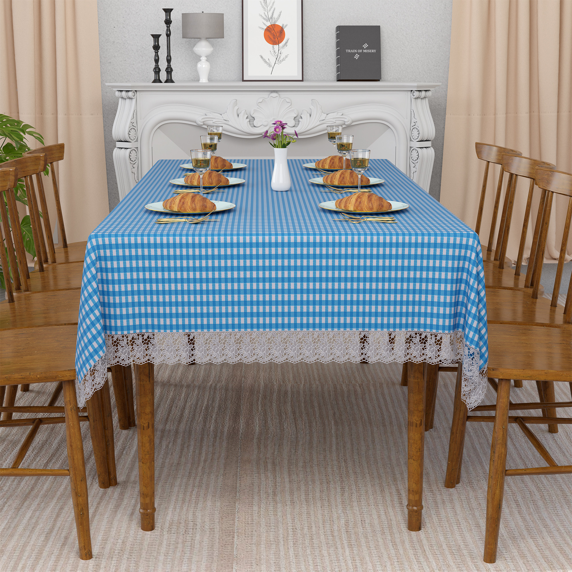 Kuber Industries 60x108 Inches PVC Dining Table Cover 8 Seater  Waterproof  Dustproof Table Protector Cloth For Home  Restaurant  Barik Check Print - Blue