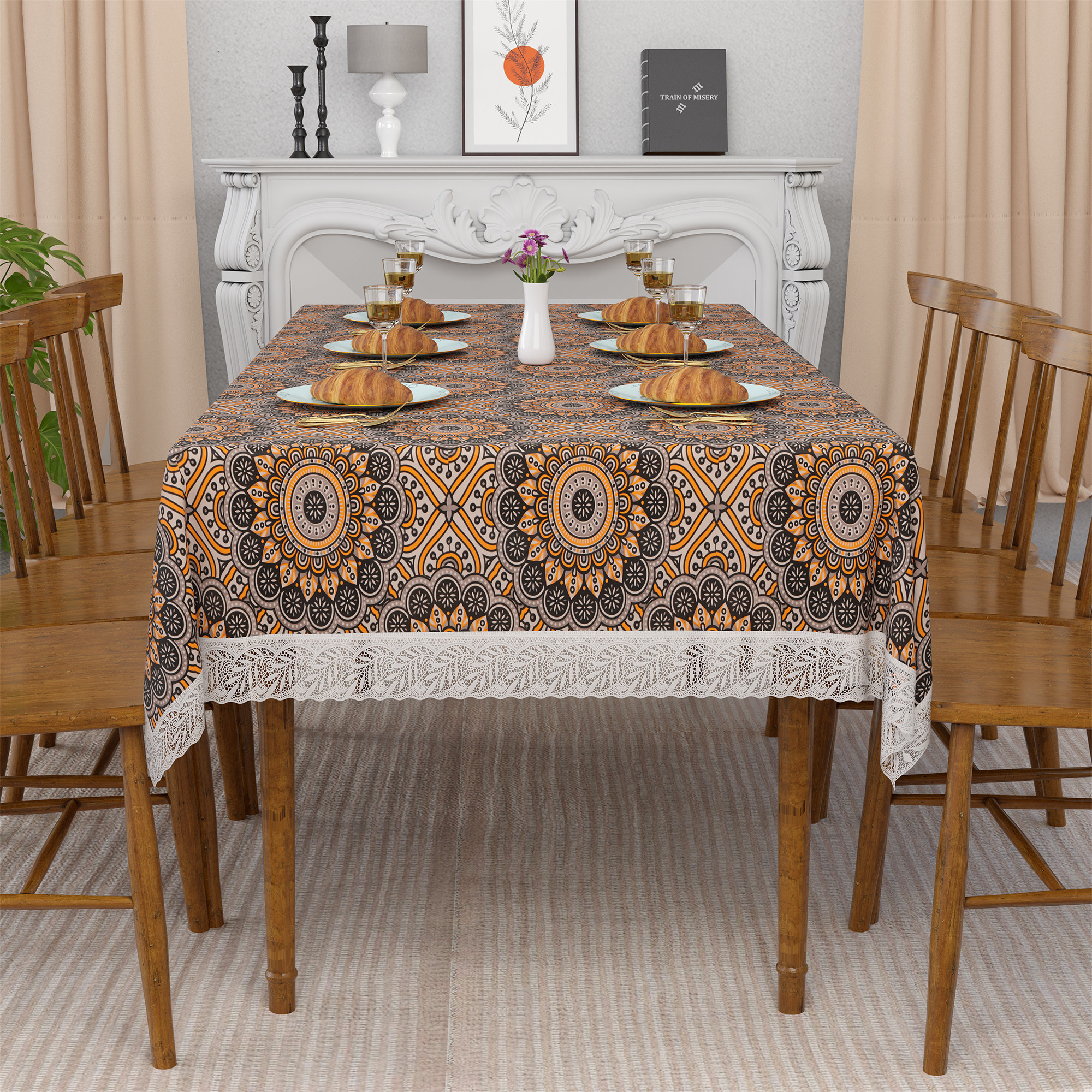 Kuber Industries 60x108 Inches PVC Dining Table Cover 8 Seater  Waterproof  Dustproof Table Protector Cloth For Home  Restaurant  Rangoli Print - Black