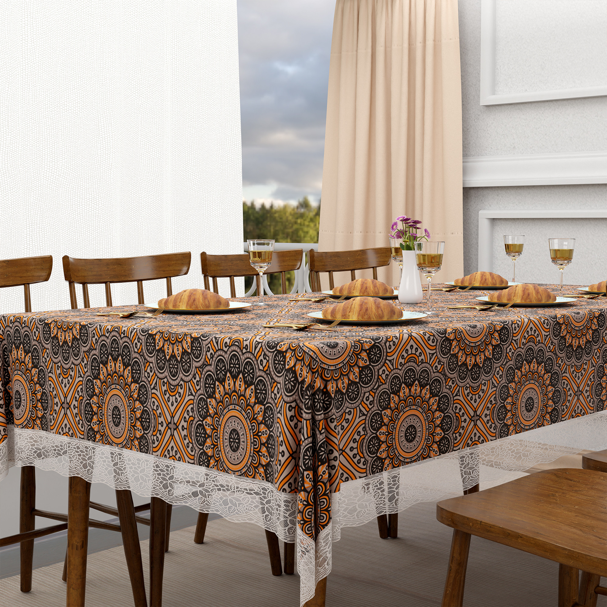 Kuber Industries 60x108 Inches PVC Dining Table Cover 8 Seater  Waterproof  Dustproof Table Protector Cloth For Home  Restaurant  Rangoli Print - Black