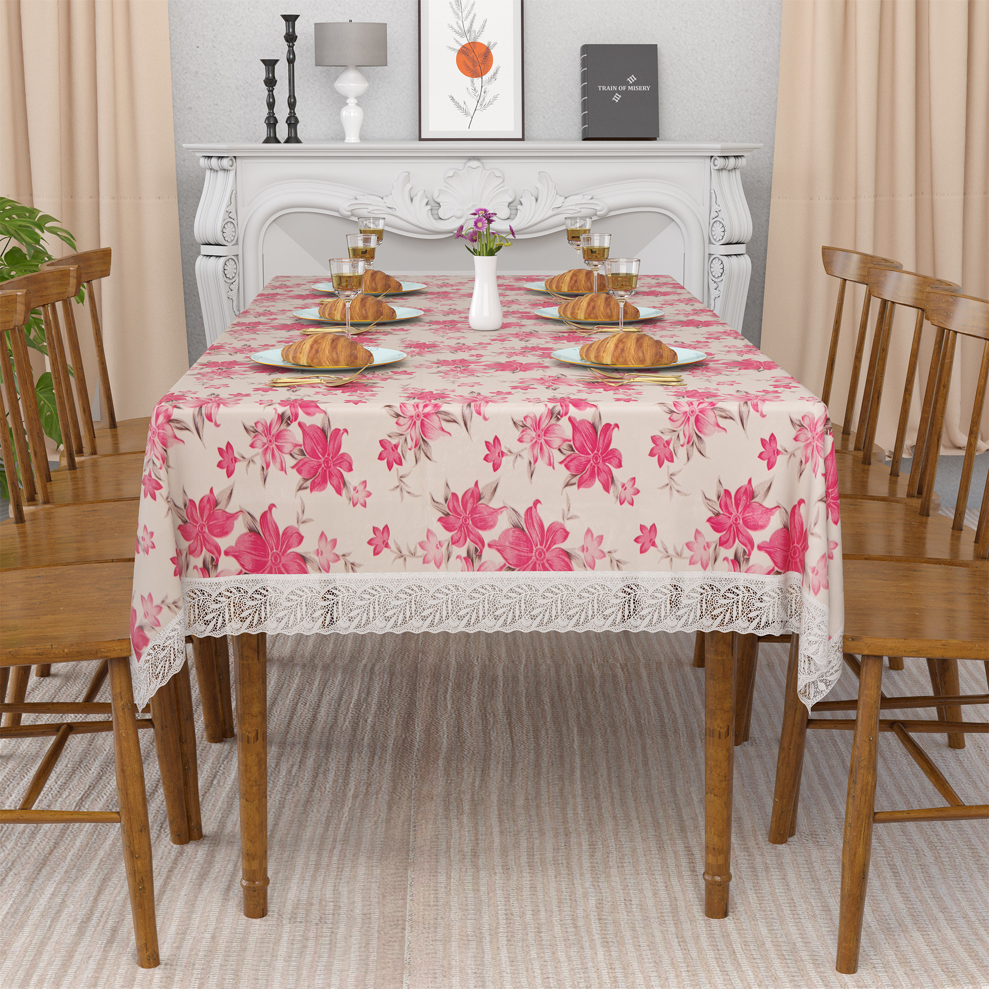 Kuber Industries 60x108 Inches PVC Dining Table Cover 8 Seater  Waterproof  Dustproof Table Protector Cloth For Home  Restaurant  Barik Flower Print - Cream  Pink