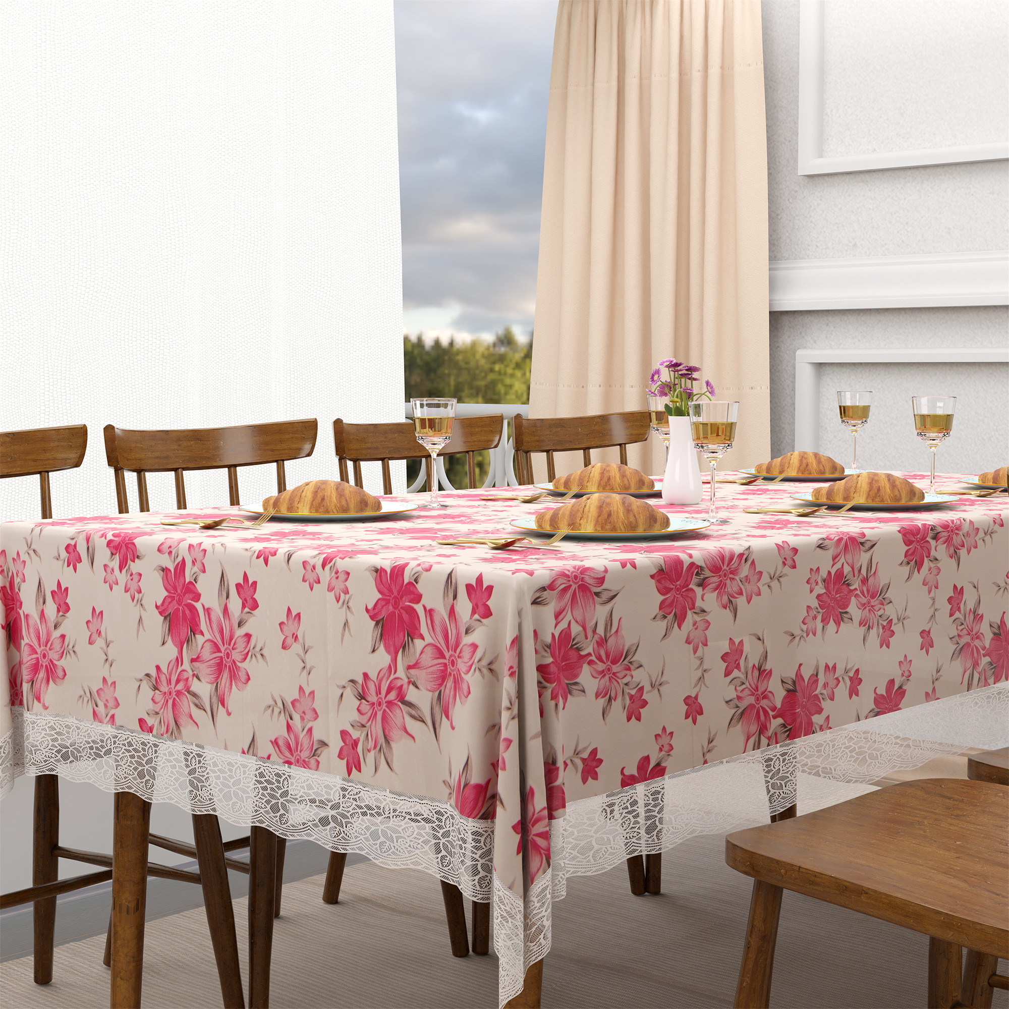 Kuber Industries 60x108 Inches PVC Dining Table Cover 8 Seater  Waterproof  Dustproof Table Protector Cloth For Home  Restaurant  Barik Flower Print - Cream  Pink