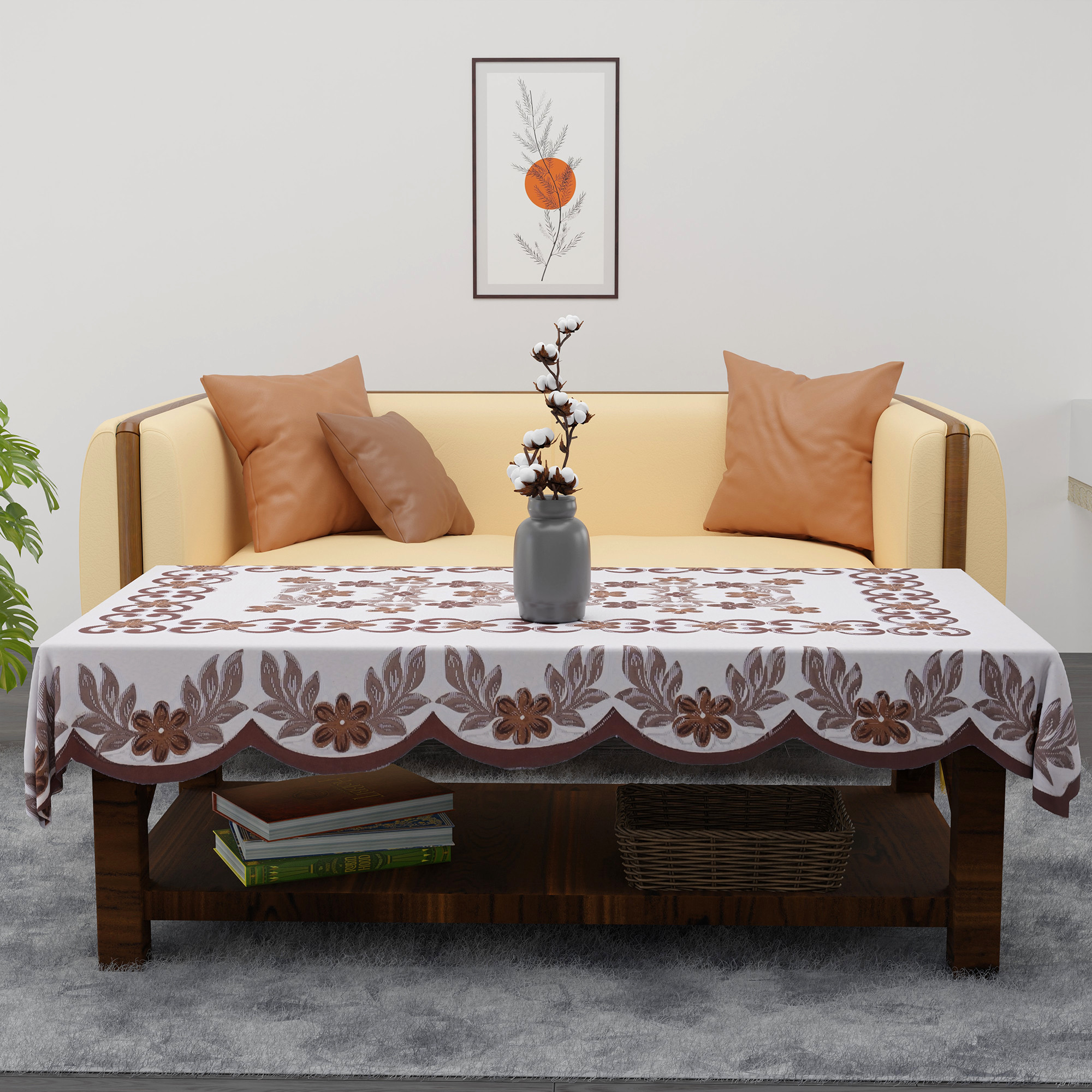 Kuber Industries 60x40 Inch Net Cotton 4 Seater Centre Table Cover Cloth for Living Room  Tea Table Top Cover for Home Decor  Center Table Cloth for Office Table  Dolphin 17301 - Cream  Coffee