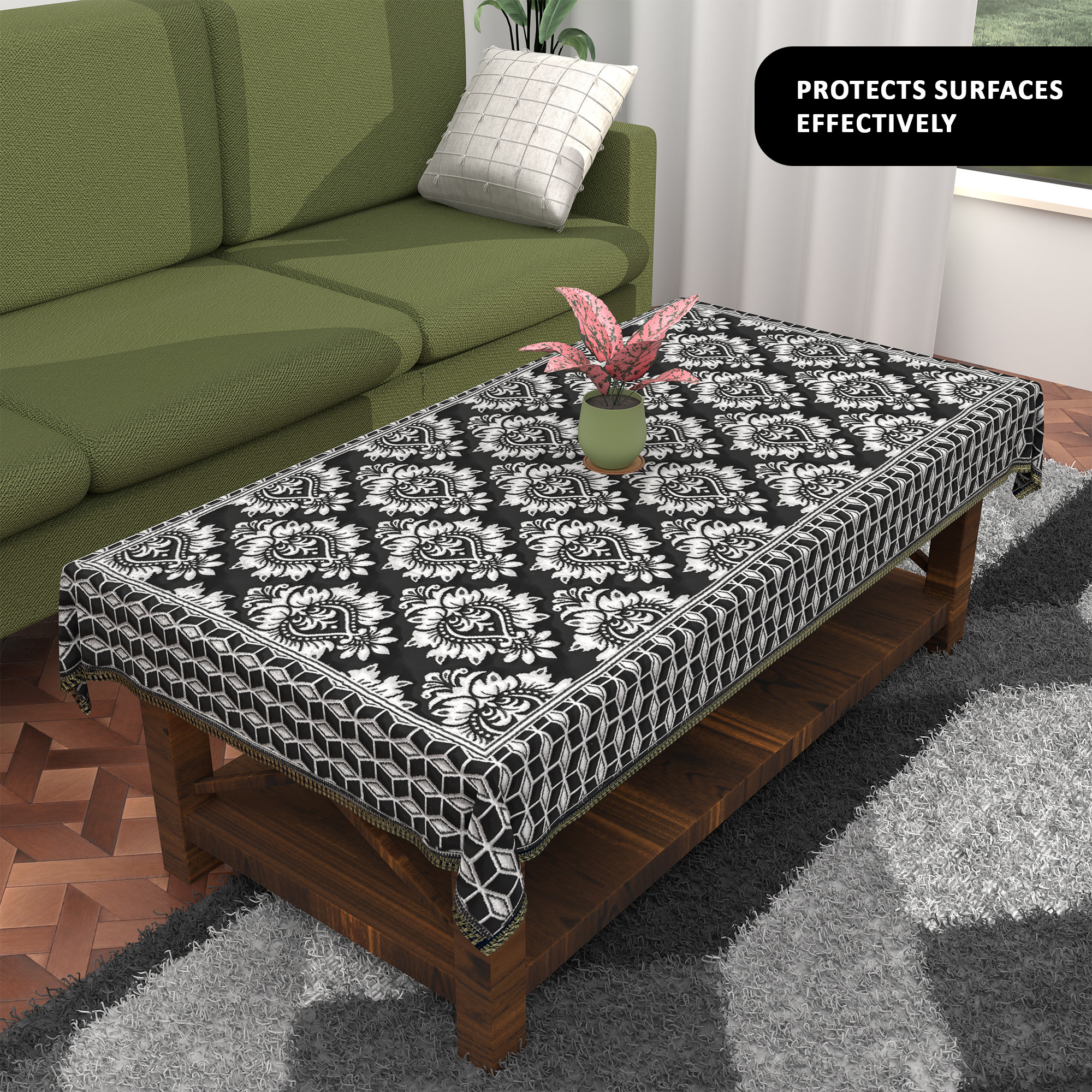 Kuber Industries 60x40 Inch Rectangular Table Cloth for 4 Seater Dining Table  Machine Washable Shannel Centre Table Protector Cover  Sheet for HomeOffice  Damask Design -Black