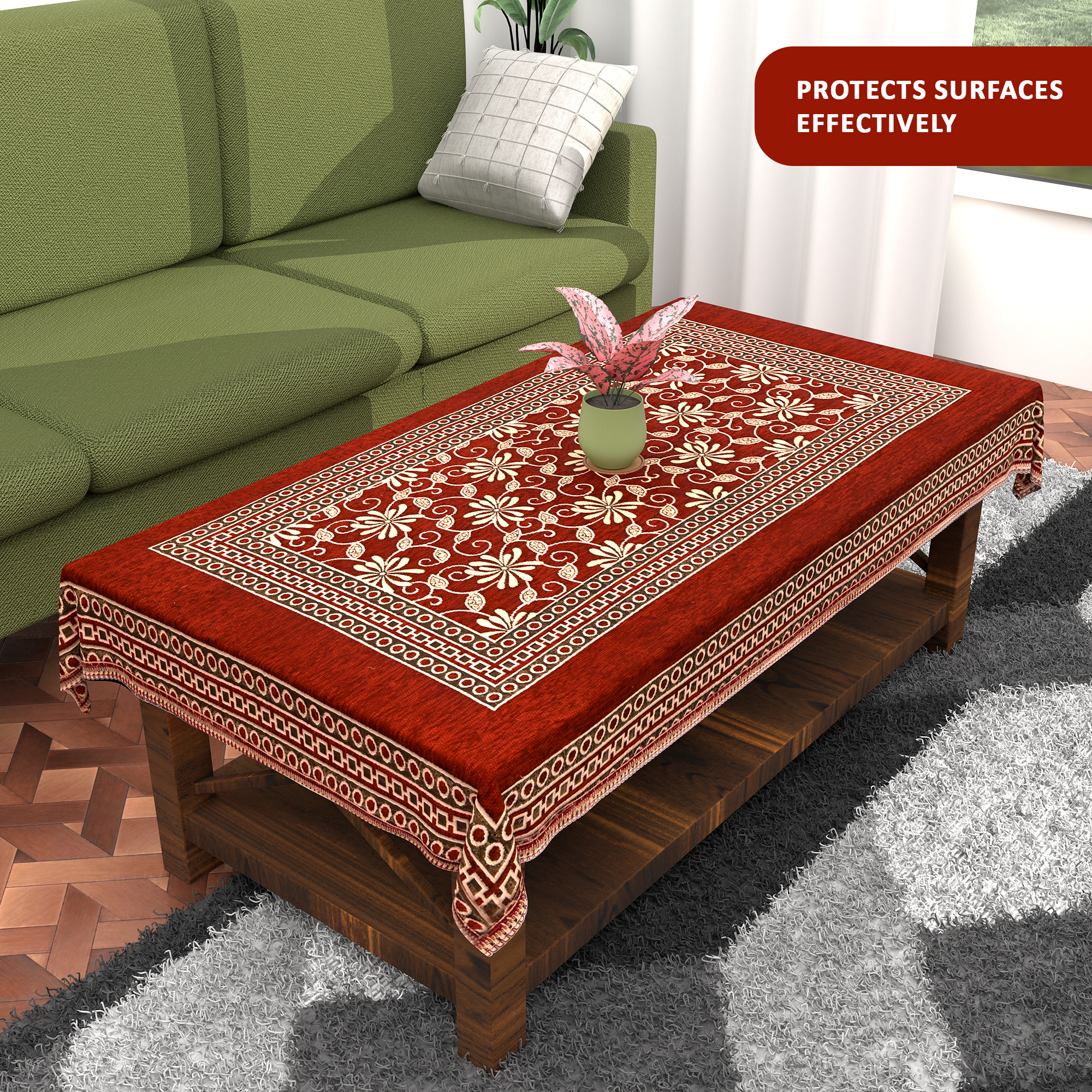 Kuber Industries 60x40 Inch Rectangular Table Cloth for 4 Seater Dining Table  Machine Washable Shannel Centre Table Protector Cover  Sheet for HomeOffice  Flower Design -Maroon