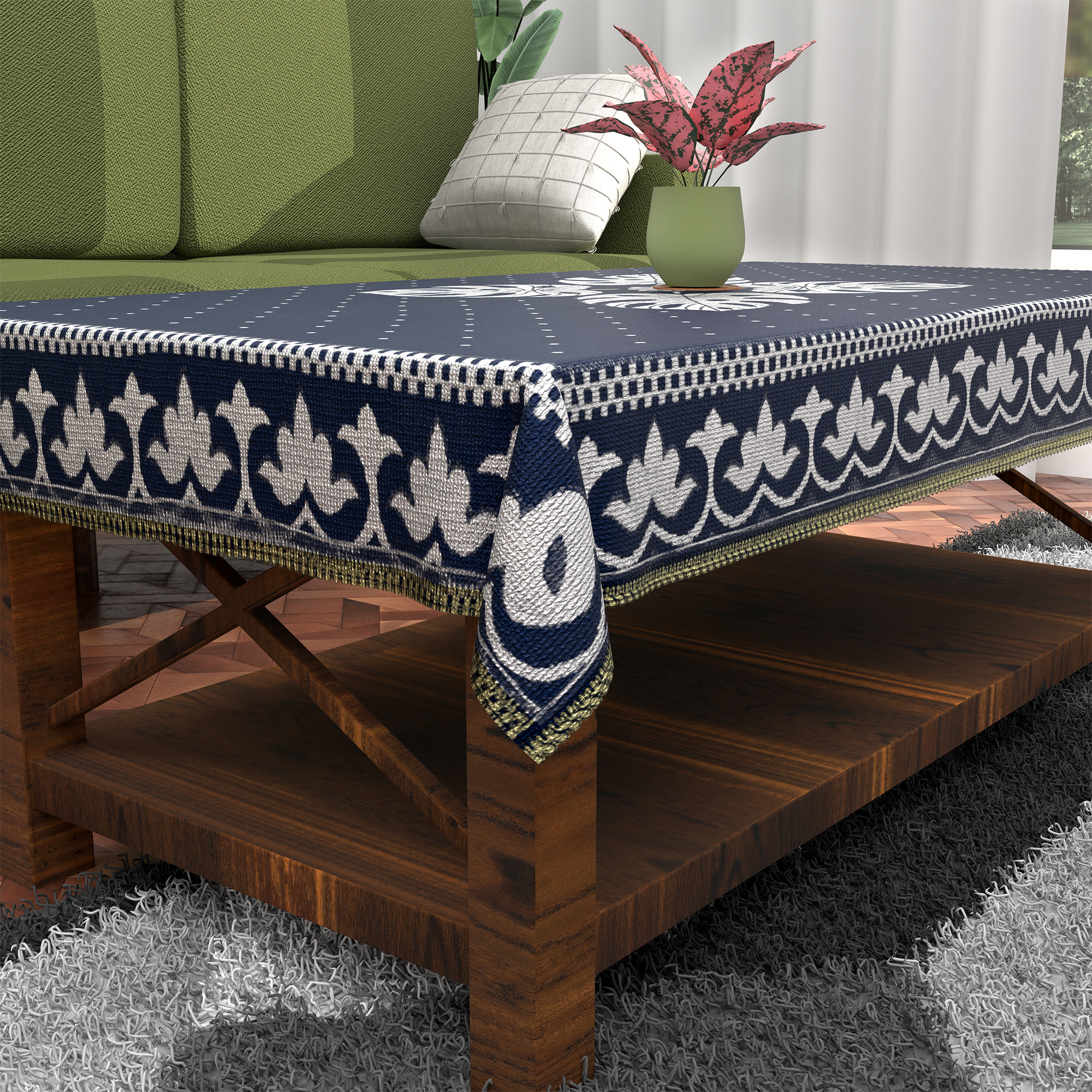 Kuber Industries 60x40 Inch Table Cloth for 4 Seater Dining Table  Machine Washable Shannel Centre Table Protector Cover  Sheet for HomeOffice  Patta Design - Navy Blue