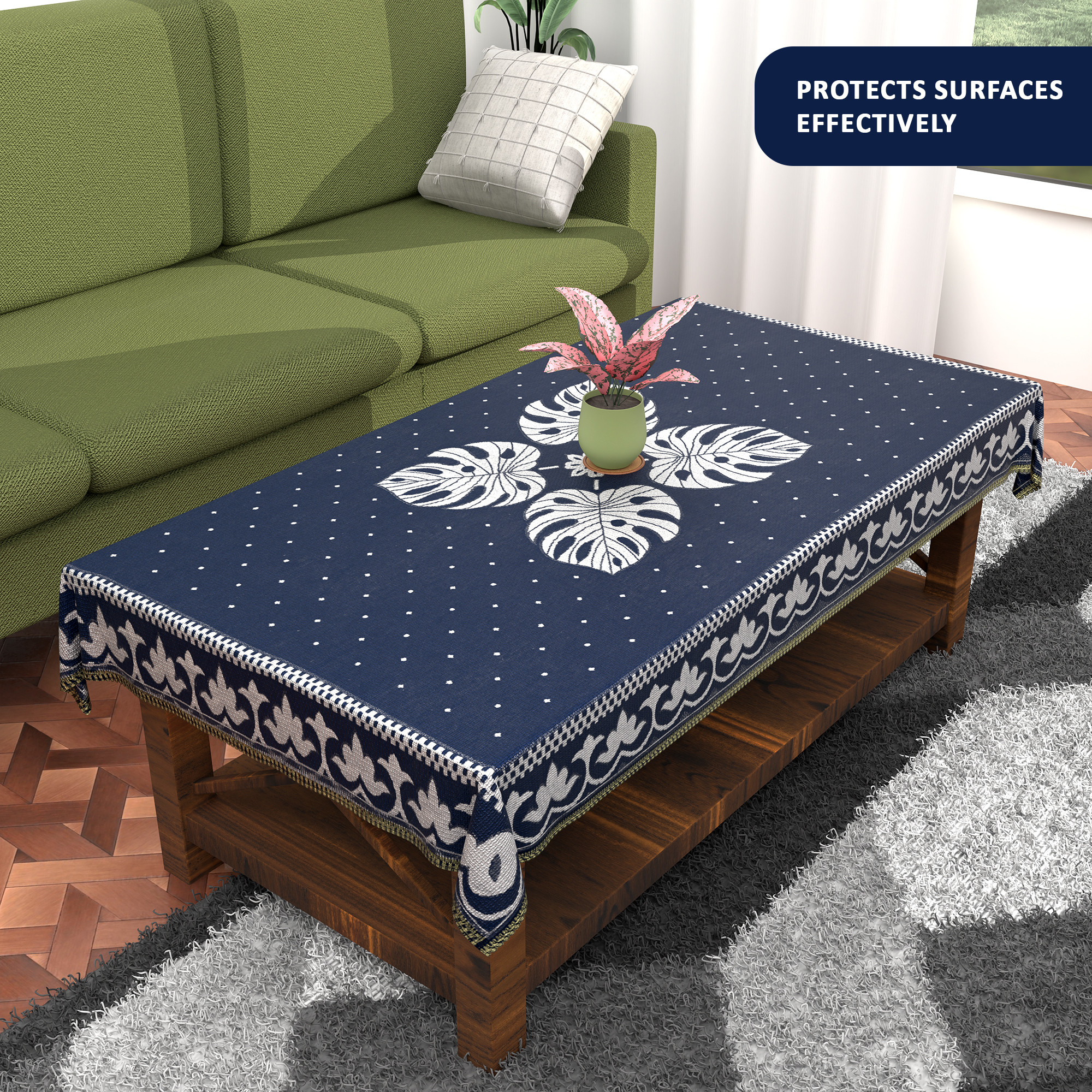 Kuber Industries 60x40 Inch Table Cloth for 4 Seater Dining Table  Machine Washable Shannel Centre Table Protector Cover  Sheet for HomeOffice  Patta Design - Navy Blue