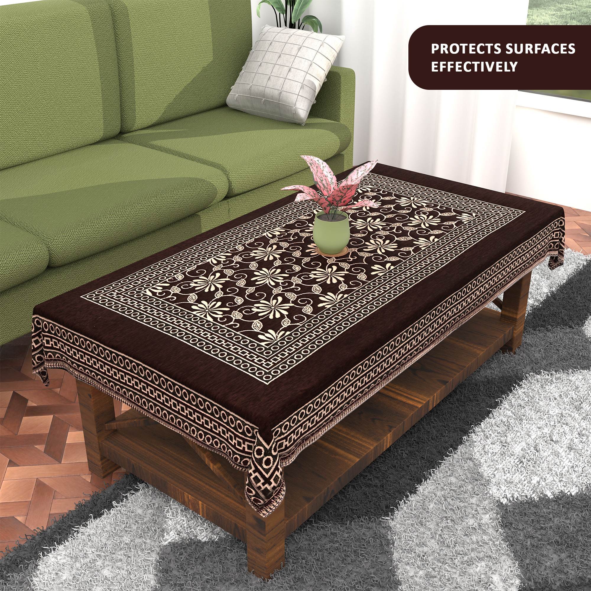 Kuber Industries 60x40 Inch Table Cloth for 4 Seater Dining Table  Machine Washable Shannel Centre Table Protector Cover  Sheet for HomeOffice  Flower Design -Brown