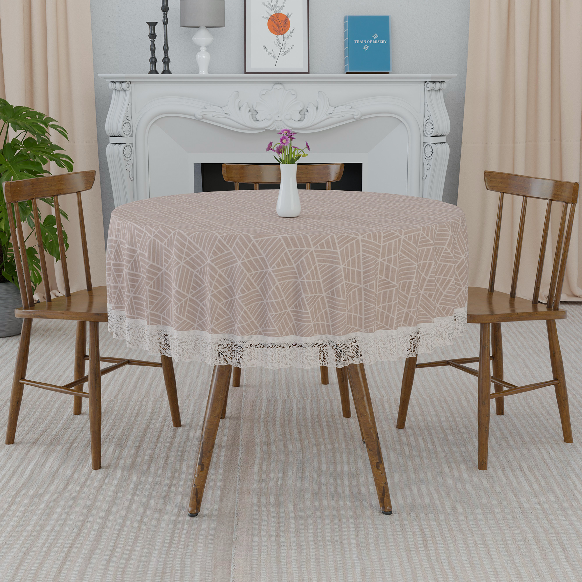 Kuber Industries 60x60 Inch PVC Round Table Cloth for 4 Seater Dining Table  Waterproof Table Cover Cloth  Table Protector for Home Cafes  Restaurants  Zig Zag FBM - Beige  Cream