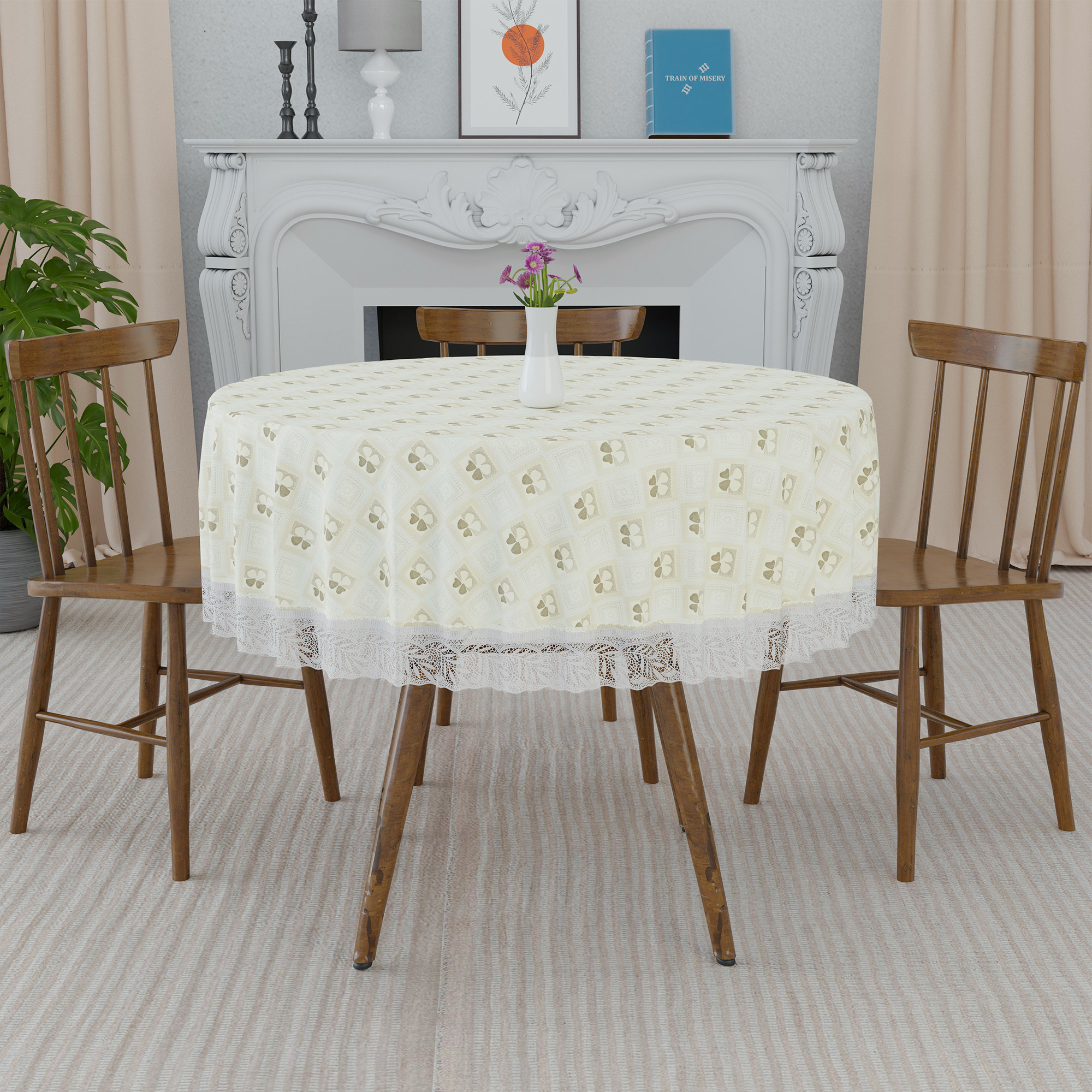 Kuber Industries 60x60 Inch PVC Round Table Cloth for 4 Seater Dining Table  Waterproof Table Cover Cloth  Table Protector for Home Cafes  Restaurants  Check Flower CBC - Cream  Brown