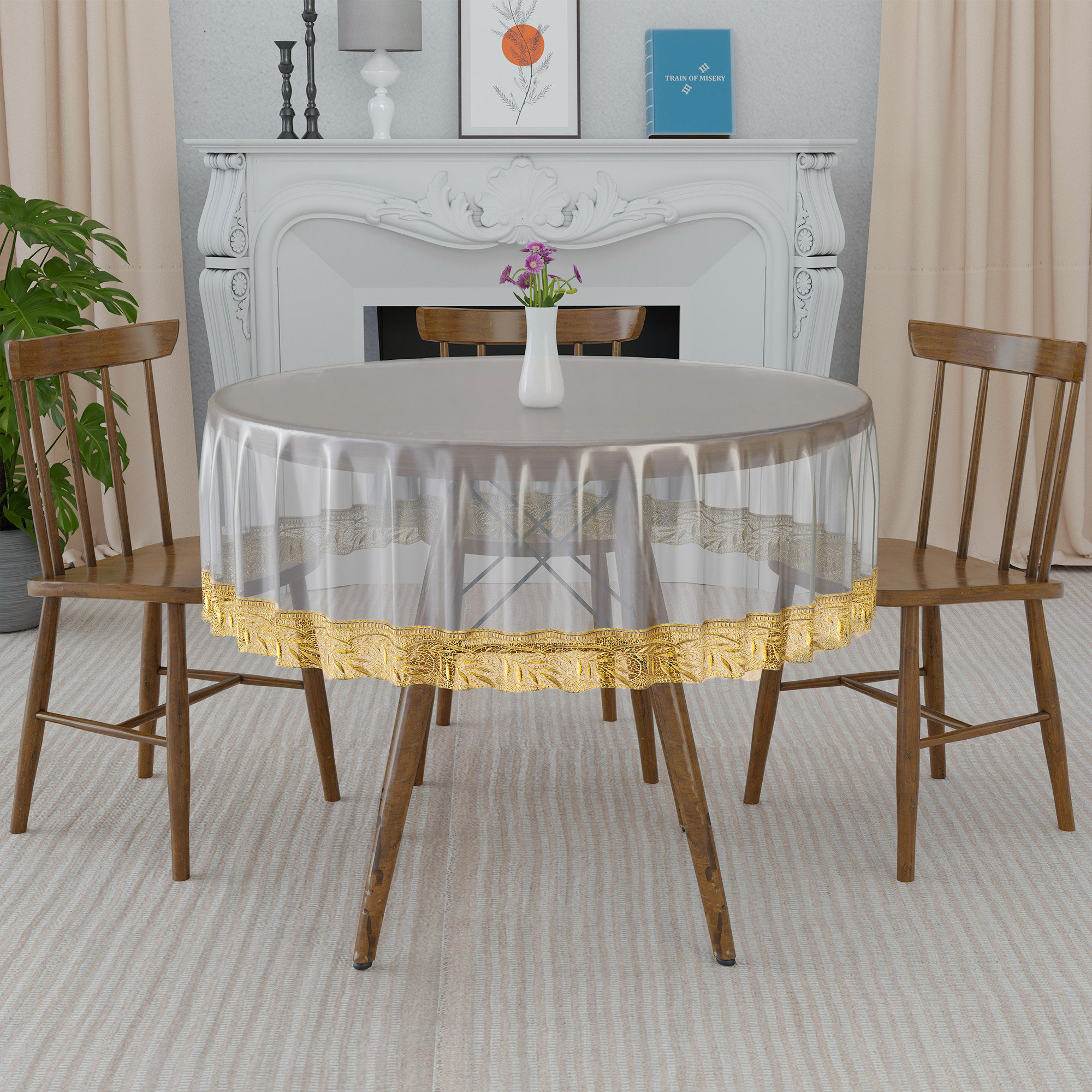 Kuber Industries 60x60 Inch PVC Round Table Cloth for 4 Seater Dining Table  Waterproof Table Cover Cloth  Table Protector for Home Cafes  Restaurants  Golden Lace Champagne - Transparent