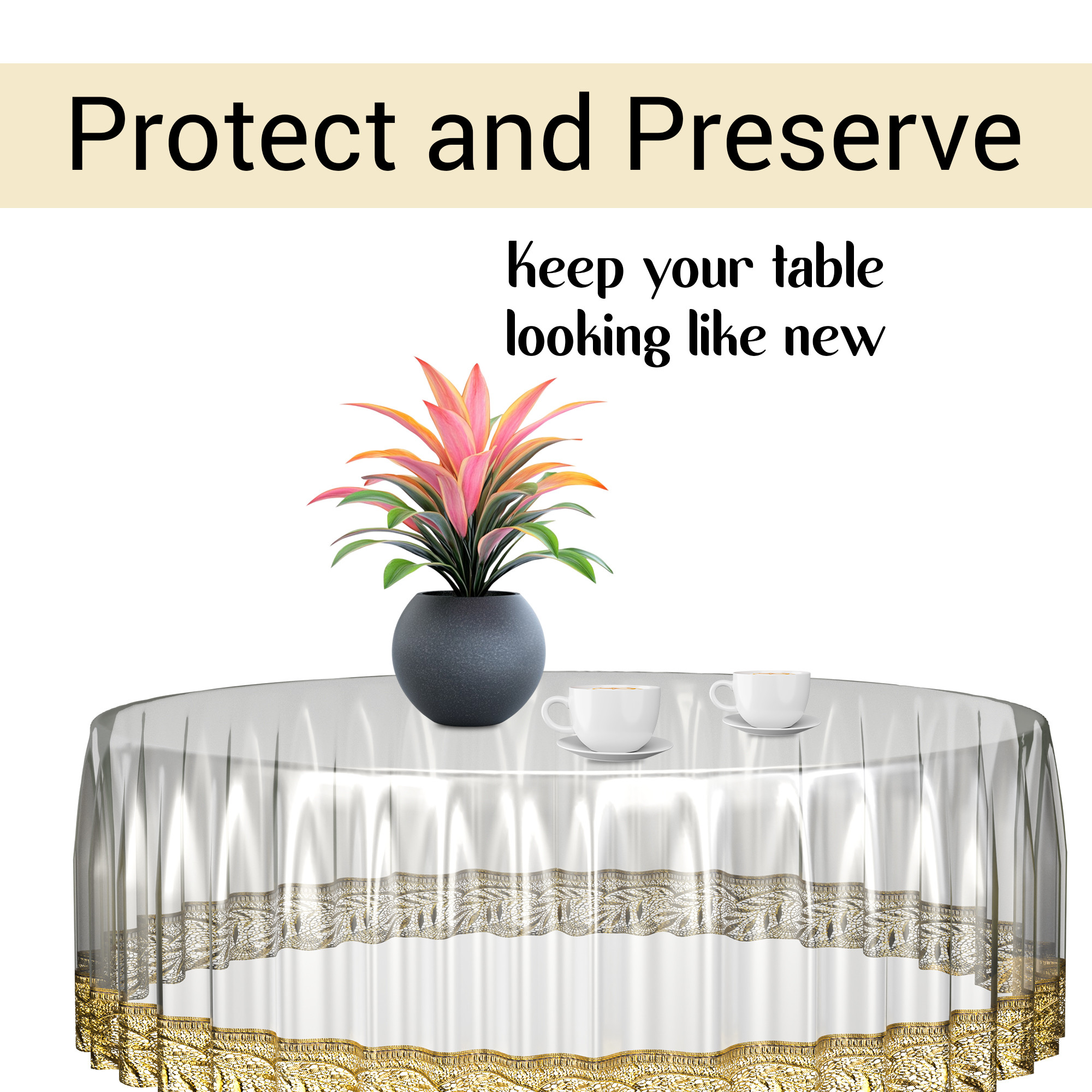 Kuber Industries 60x60 Inch PVC Round Table Cloth for 4 Seater Dining Table  Waterproof Table Cover Cloth  Table Protector for Home Cafes  Restaurants  Golden Lace Champagne - Transparent