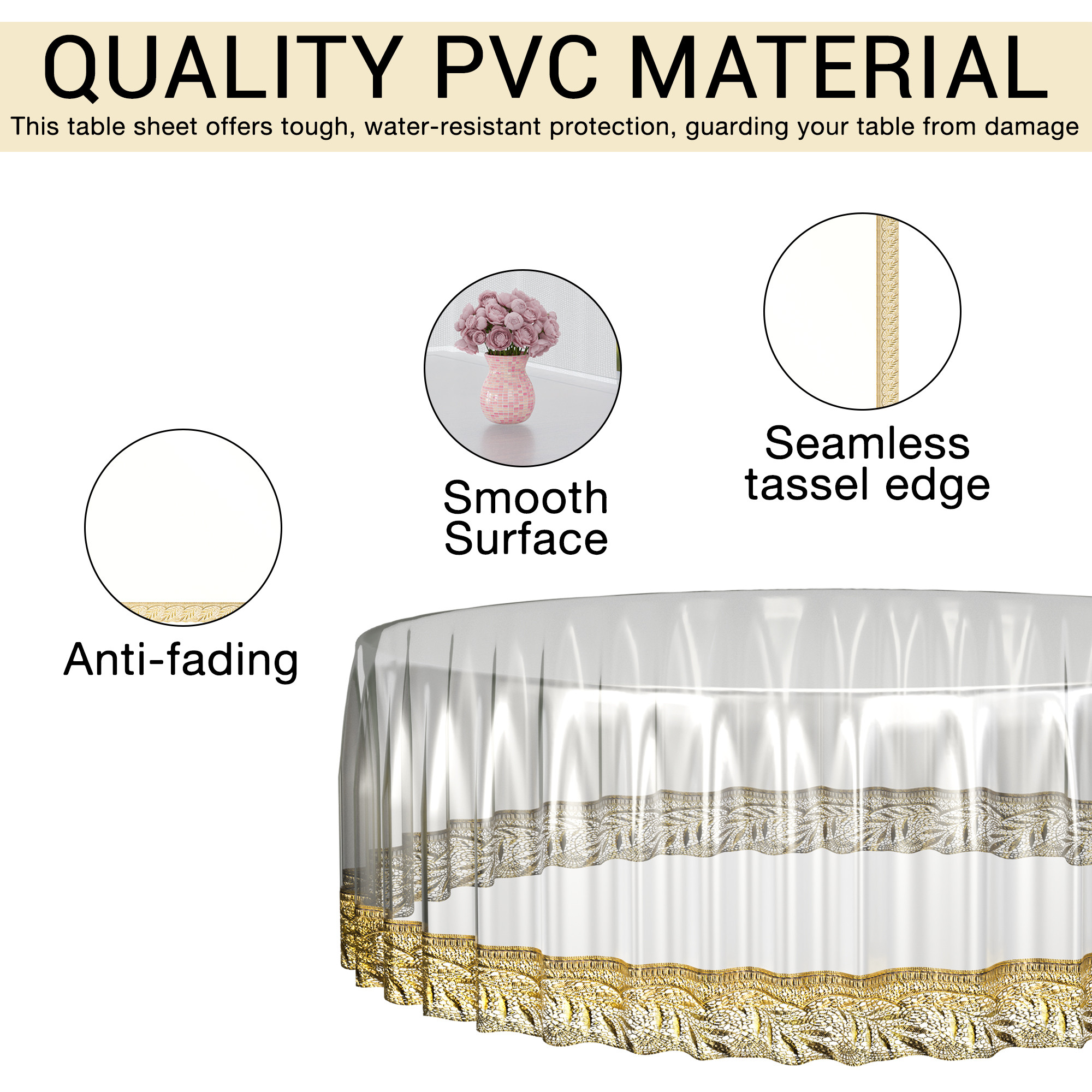 Kuber Industries 60x60 Inch PVC Round Table Cloth for 4 Seater Dining Table  Waterproof Table Cover Cloth  Table Protector for Home Cafes  Restaurants  Golden Lace Champagne - Transparent