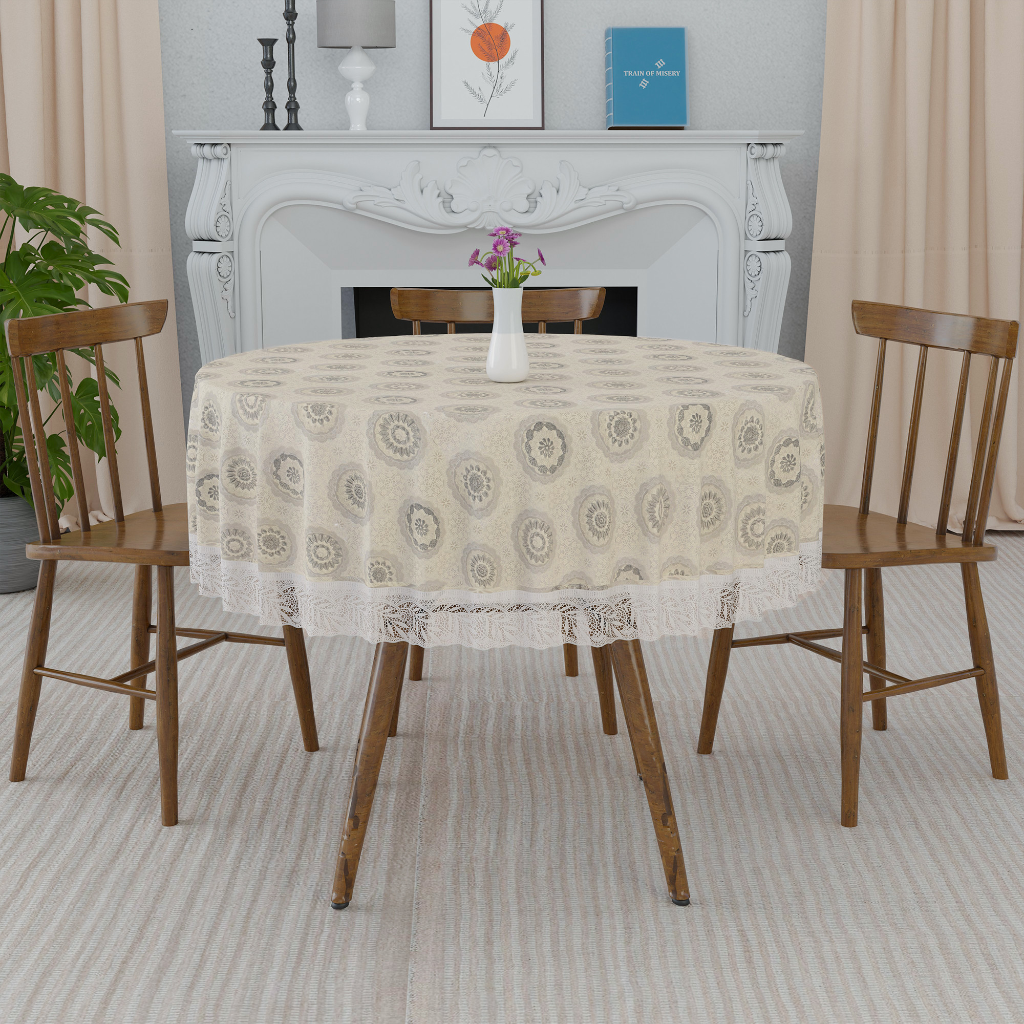 Kuber Industries 60x60 Inch PVC Round Table Cloth for 4 Seater Dining Table  Waterproof Table Cover Cloth  Table Protector for Home Cafes  Restaurants  Rangoli Cedar CBF - Cream  Grey