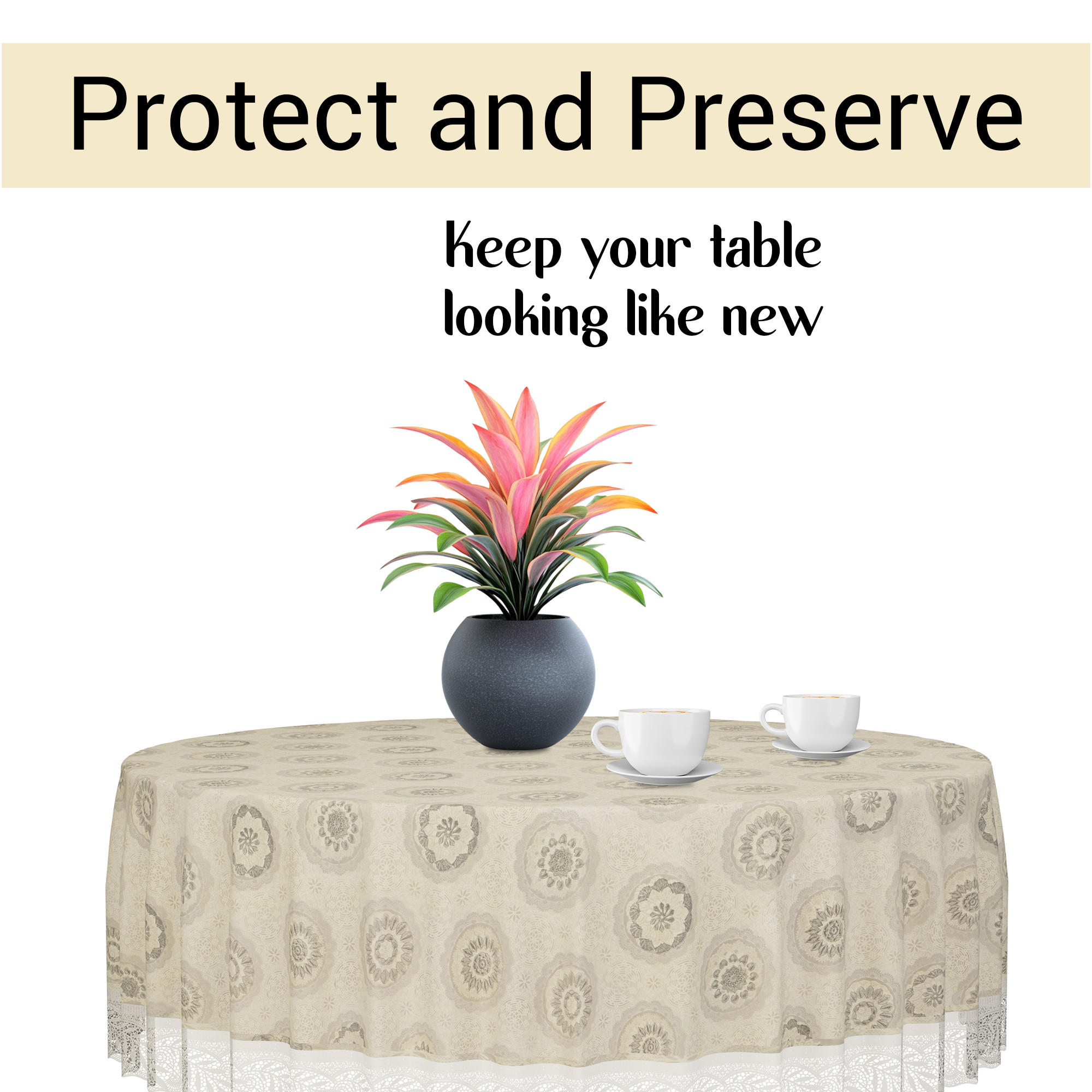 Kuber Industries 60x60 Inch PVC Round Table Cloth for 4 Seater Dining Table  Waterproof Table Cover Cloth  Table Protector for Home Cafes  Restaurants  Rangoli Cedar CBF - Cream  Grey