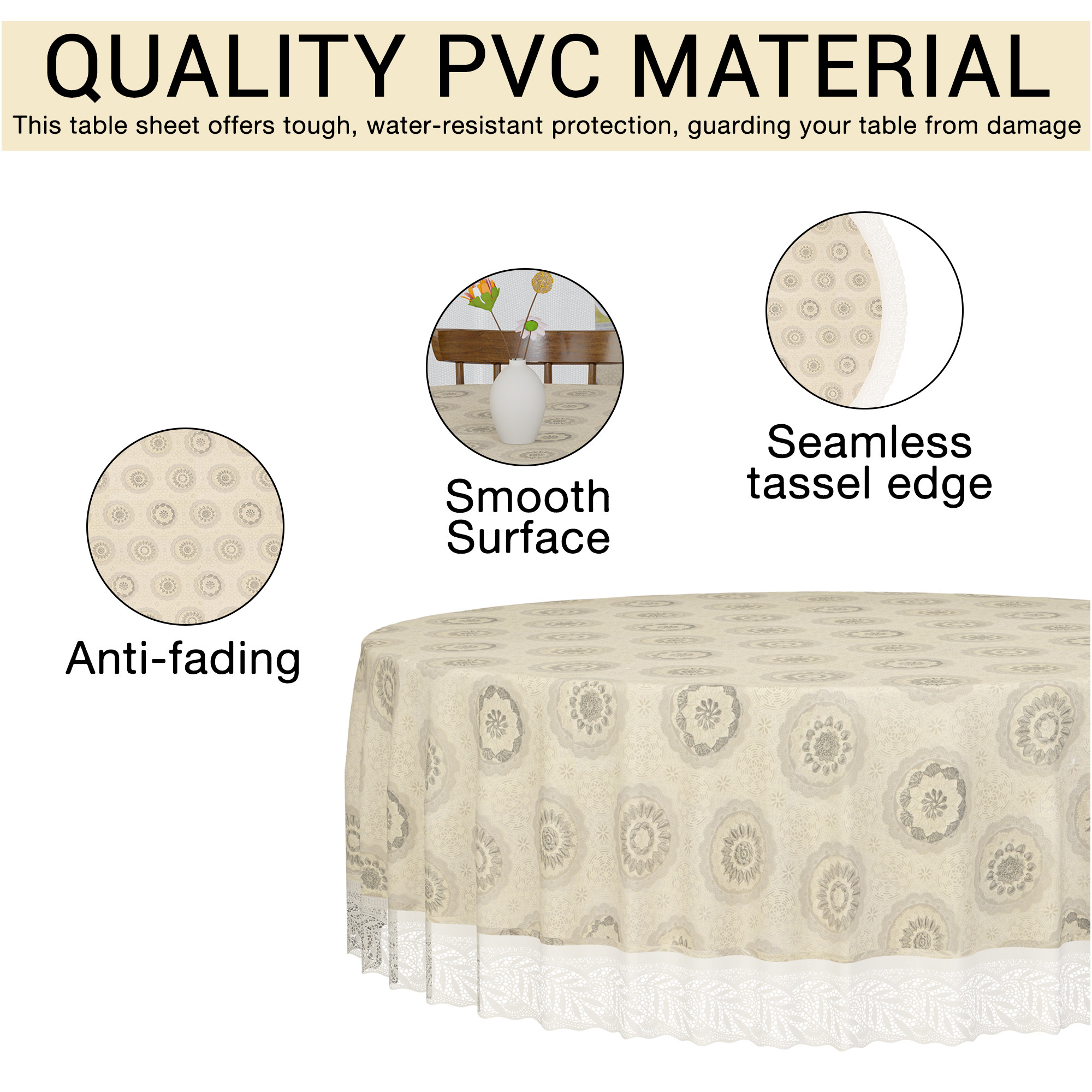 Kuber Industries 60x60 Inch PVC Round Table Cloth for 4 Seater Dining Table  Waterproof Table Cover Cloth  Table Protector for Home Cafes  Restaurants  Rangoli Cedar CBF - Cream  Grey