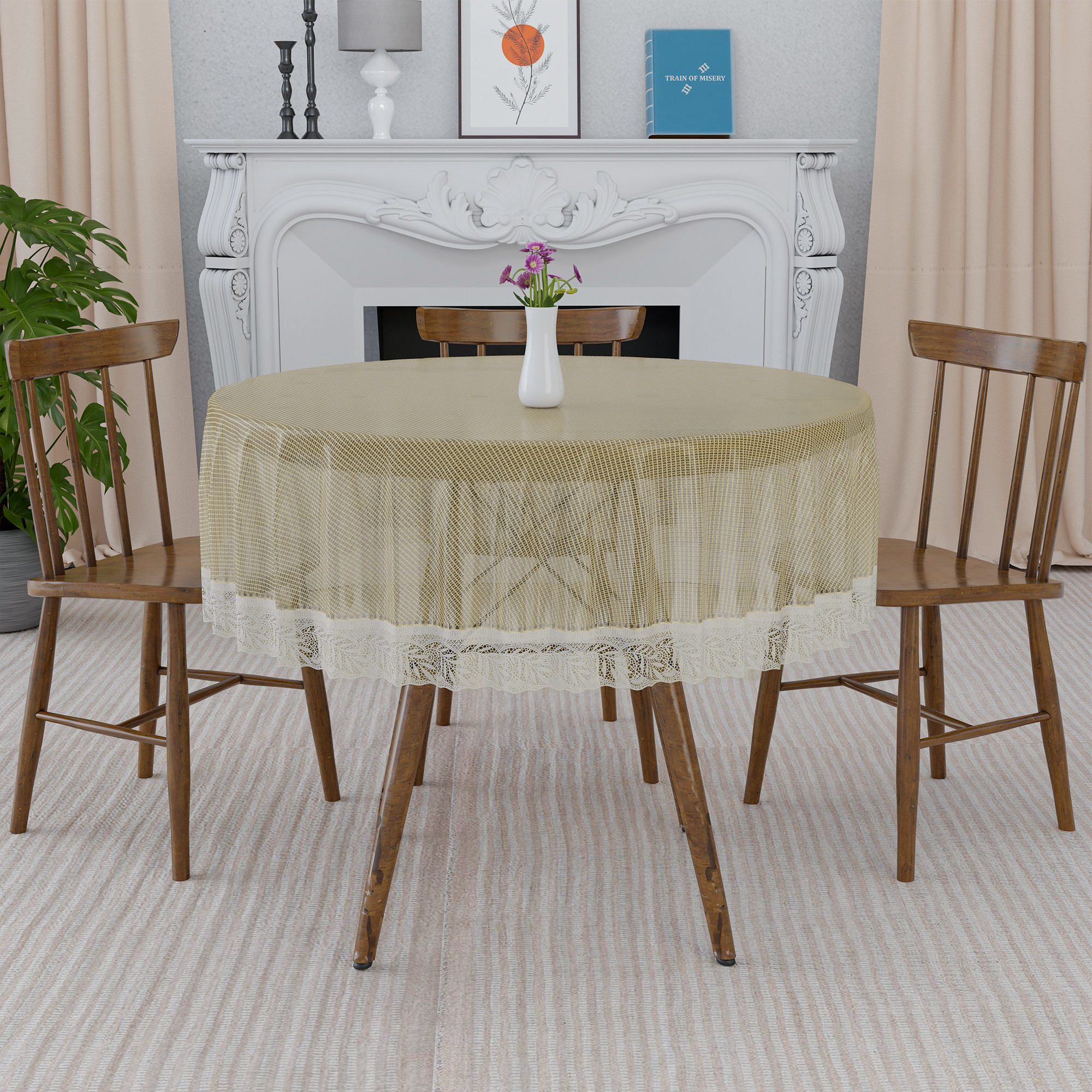 Kuber Industries 60x60 Inch PVC Round Table Cloth for 4 Seater Dining Table  Waterproof Table Cover Cloth  Table Protector for Home Cafes  Restaurants  Jaal Jute Design JBJ - Brown