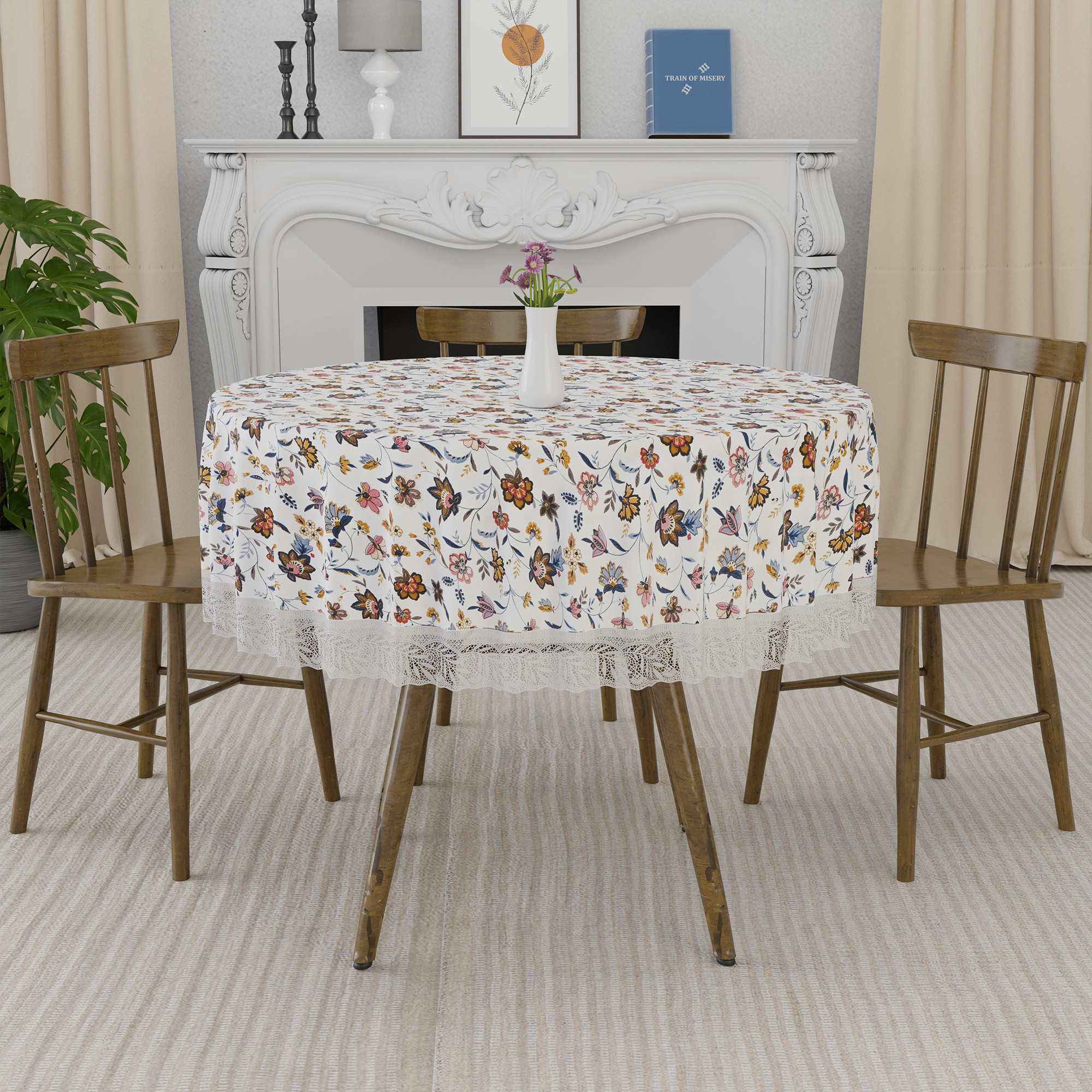 Kuber Industries 60x60 Inch Round Waterproof PVC Table Cover  Heat-Resistant Table Protector for Dining or Center Tables  Easy to Clean Scratch-Proof Tablecloth   Barik Flower - Cream