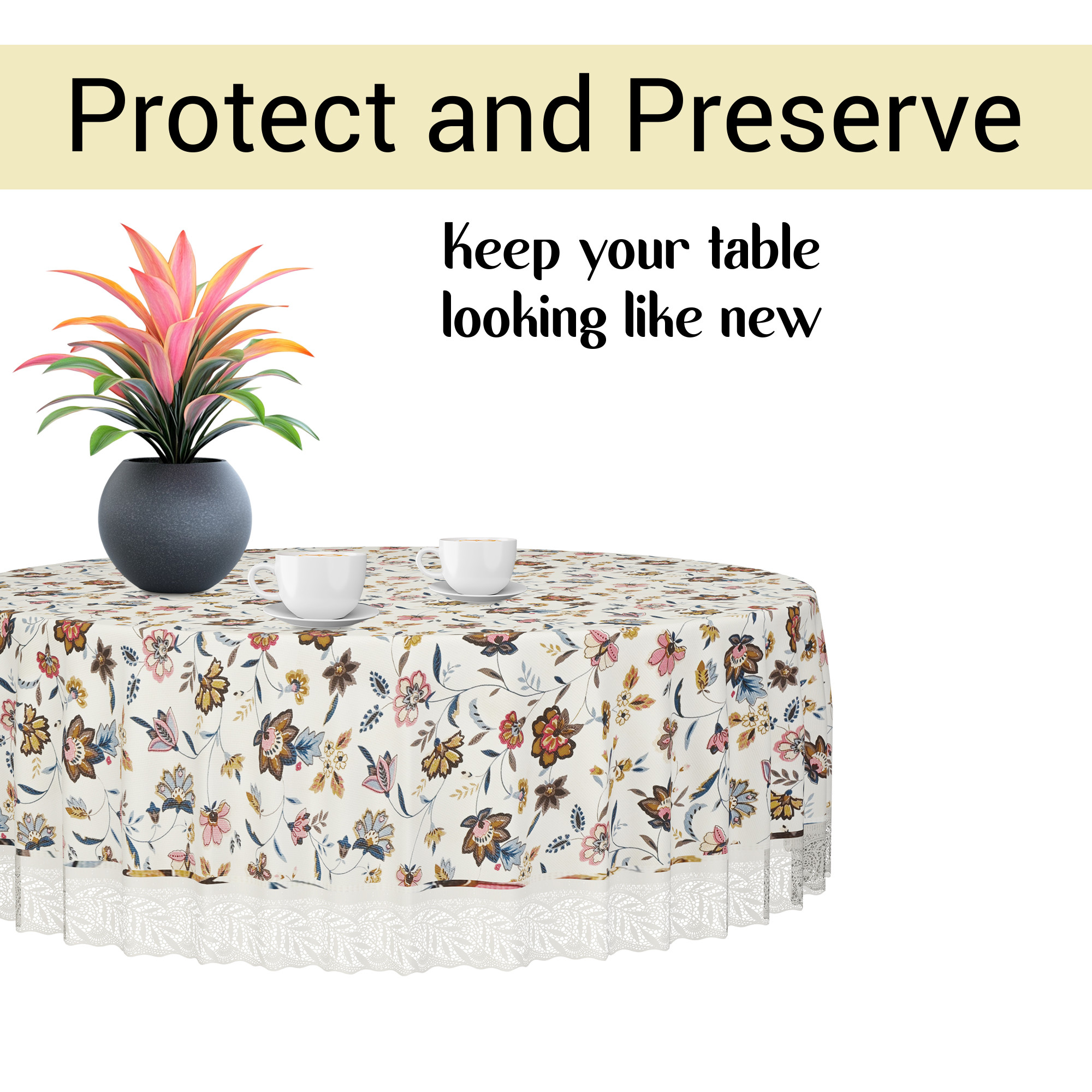 Kuber Industries 60x60 Inch Round Waterproof PVC Table Cover  Heat-Resistant Table Protector for Dining or Center Tables  Easy to Clean Scratch-Proof Tablecloth   Barik Flower - Cream