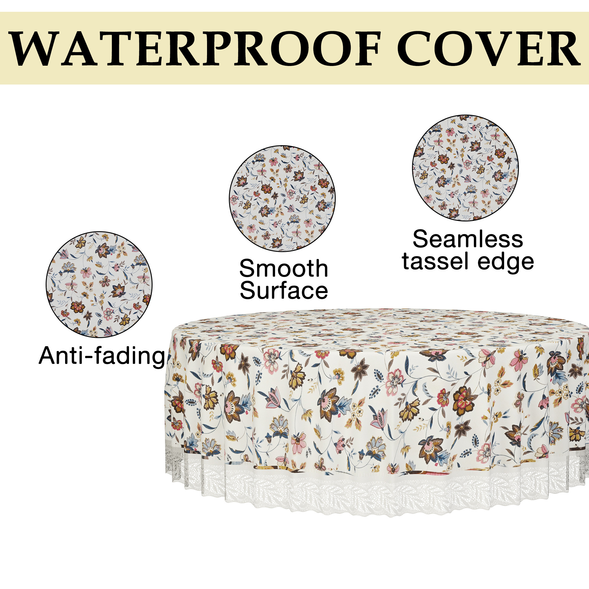 Kuber Industries 60x60 Inch Round Waterproof PVC Table Cover  Heat-Resistant Table Protector for Dining or Center Tables  Easy to Clean Scratch-Proof Tablecloth   Barik Flower - Cream