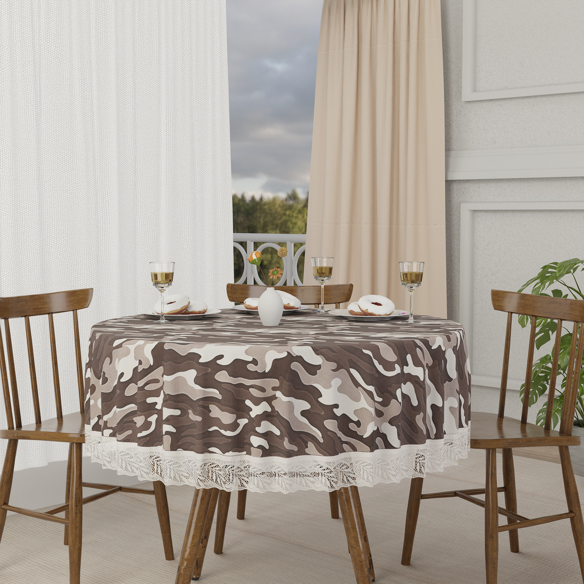 Kuber Industries 60x60 Inch Round Waterproof PVC Table Cover  Heat-Resistant Table Protector for Dining or Center Tables  Easy to Clean Scratch-Proof Tablecloth   Camouflage - Brown