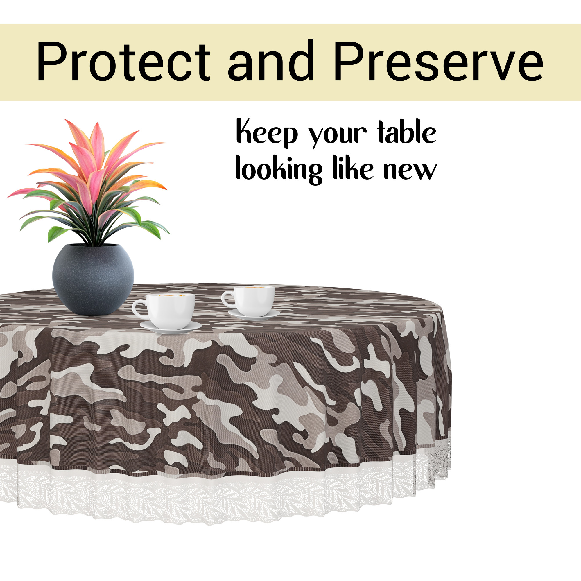 Kuber Industries 60x60 Inch Round Waterproof PVC Table Cover  Heat-Resistant Table Protector for Dining or Center Tables  Easy to Clean Scratch-Proof Tablecloth   Camouflage - Brown