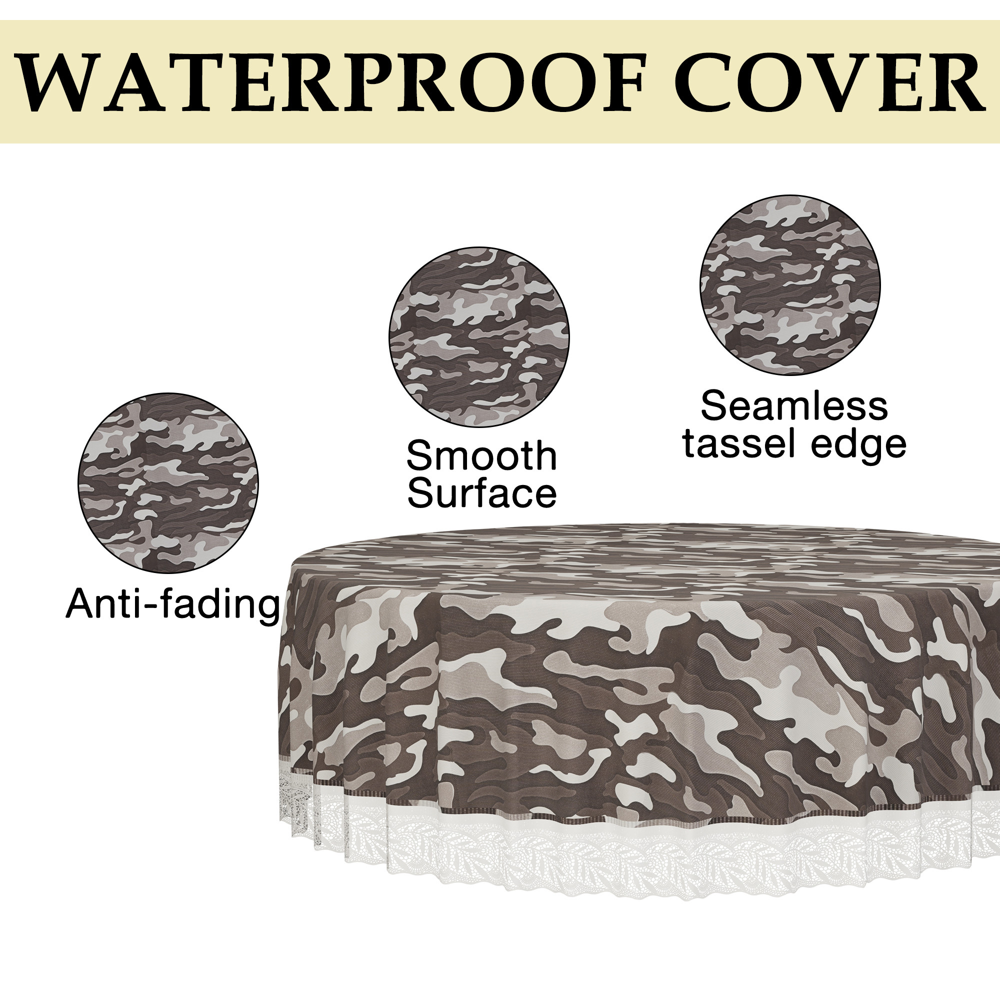 Kuber Industries 60x60 Inch Round Waterproof PVC Table Cover  Heat-Resistant Table Protector for Dining or Center Tables  Easy to Clean Scratch-Proof Tablecloth   Camouflage - Brown