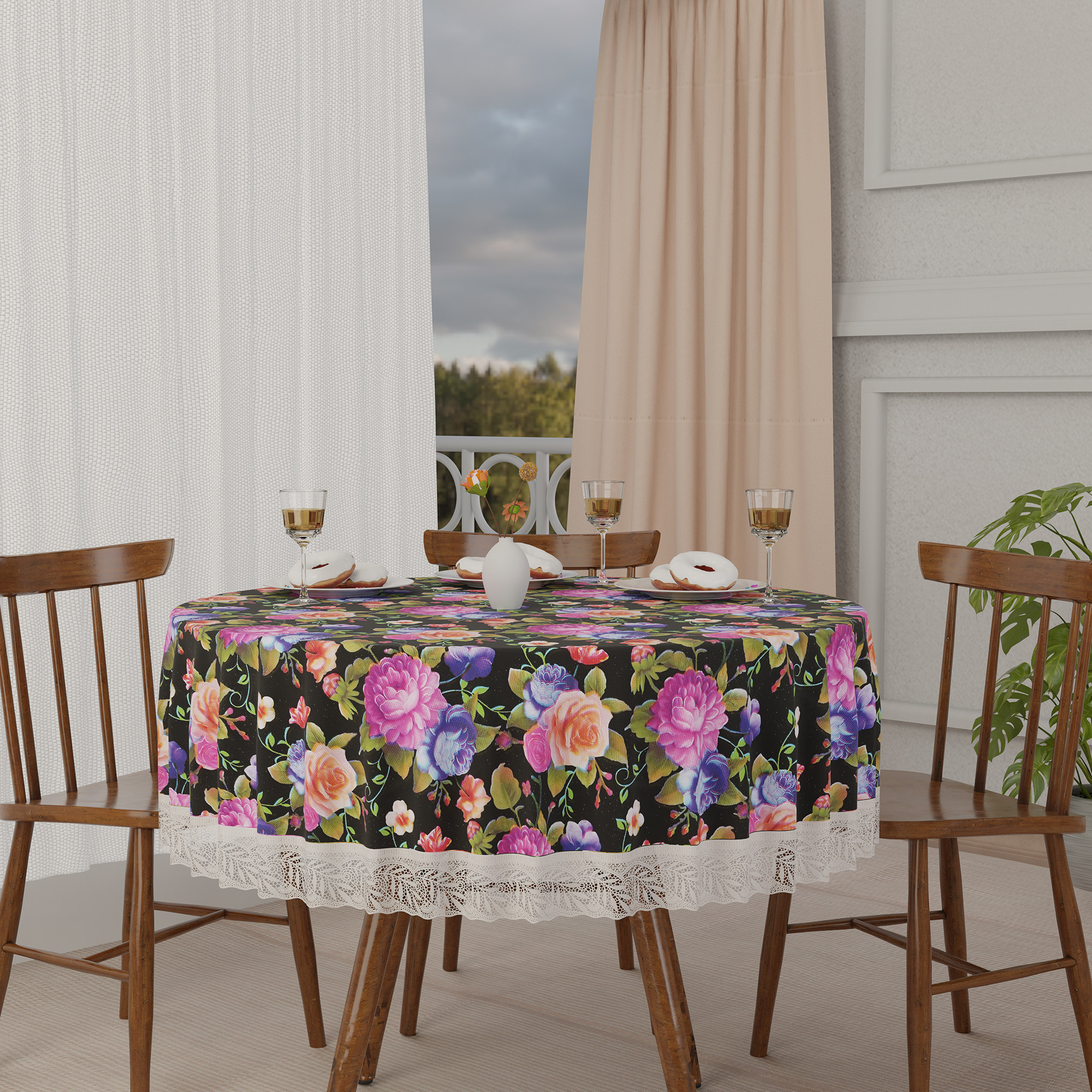 Kuber Industries 60x60 Inch Round Waterproof PVC Table Cover  Heat-Resistant Table Protector for Dining or Center Tables  Easy to Clean Scratch-Proof Tablecloth   Mix Rose - Black