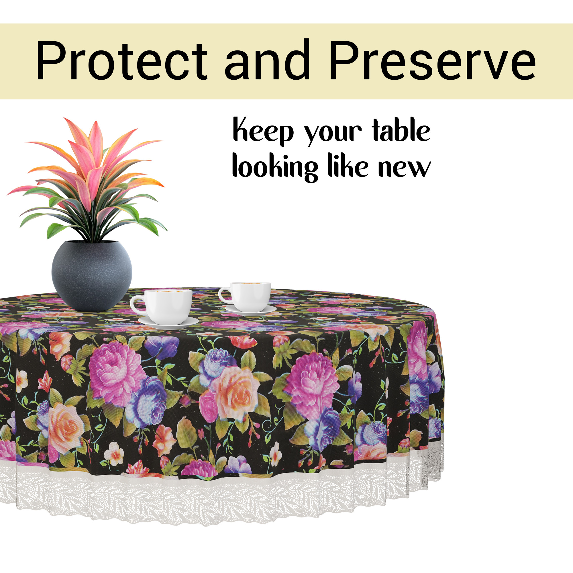 Kuber Industries 60x60 Inch Round Waterproof PVC Table Cover  Heat-Resistant Table Protector for Dining or Center Tables  Easy to Clean Scratch-Proof Tablecloth   Mix Rose - Black