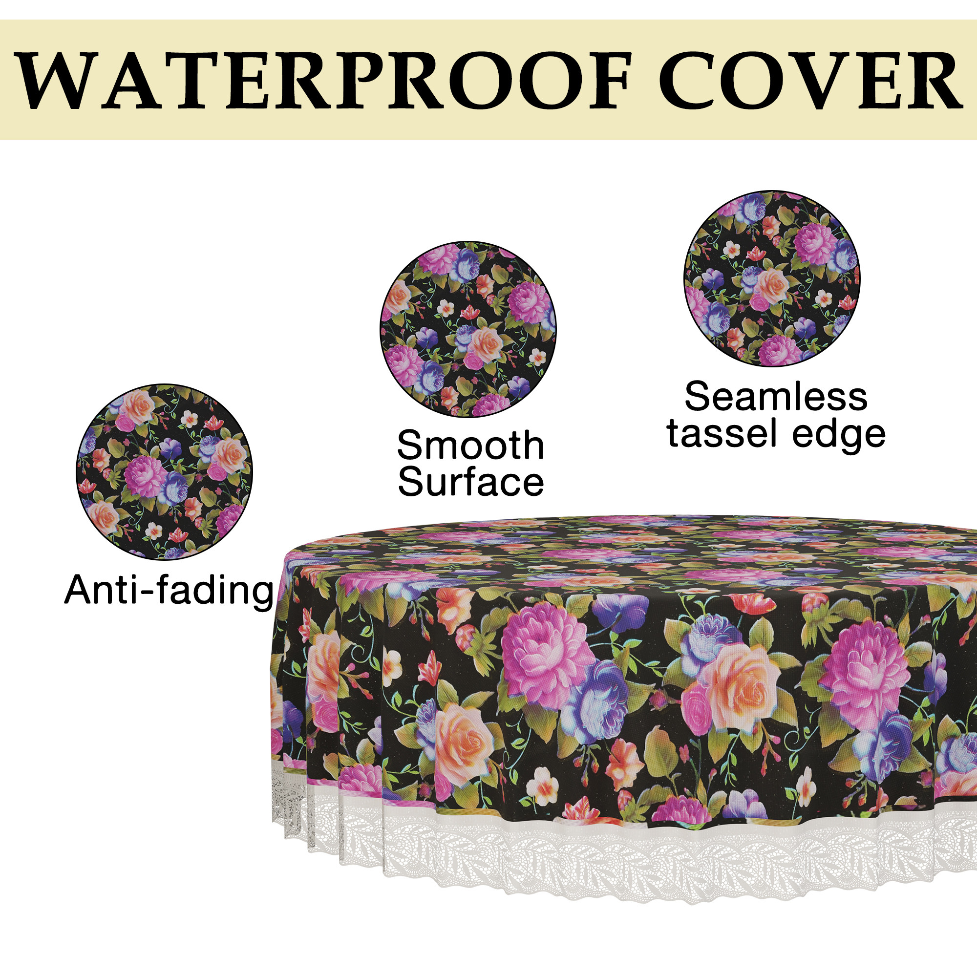 Kuber Industries 60x60 Inch Round Waterproof PVC Table Cover  Heat-Resistant Table Protector for Dining or Center Tables  Easy to Clean Scratch-Proof Tablecloth   Mix Rose - Black