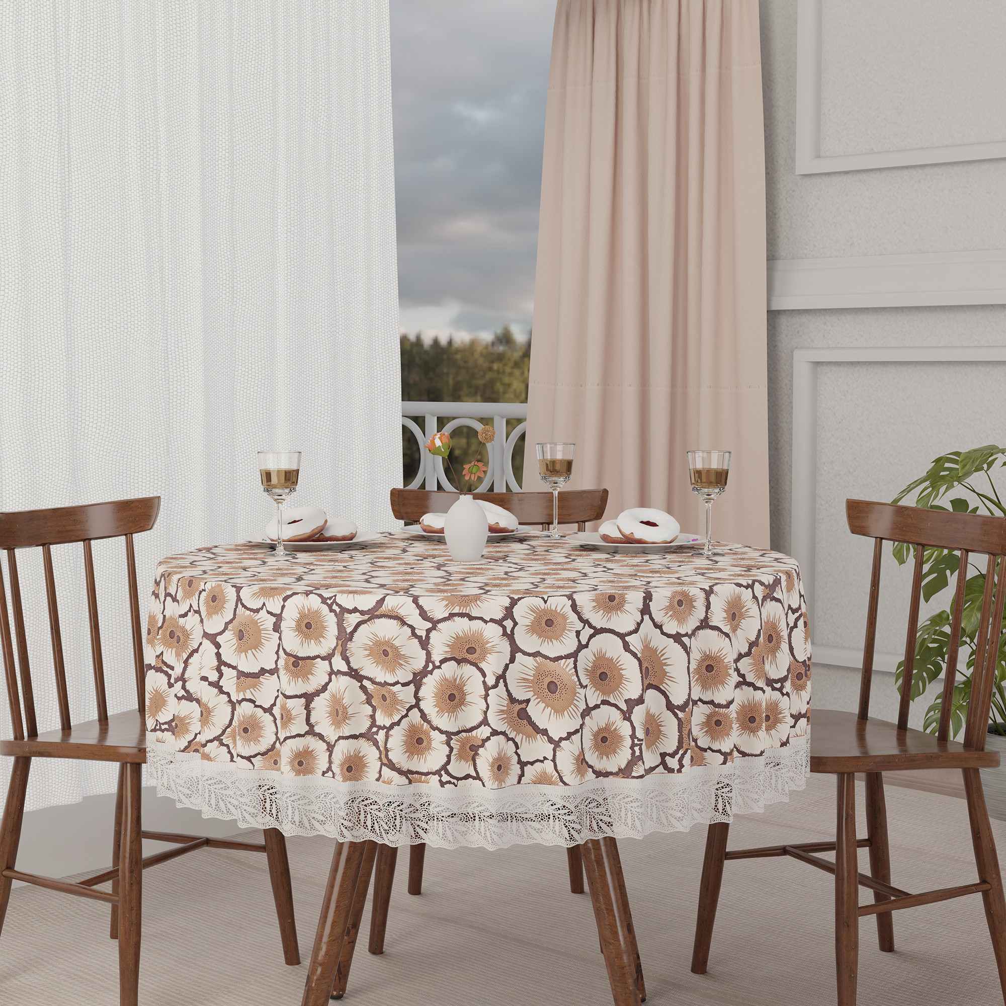 Kuber Industries 60x60 Inch Round Waterproof PVC Table Cover  Heat-Resistant Table Protector for Dining or Center Tables  Easy to Clean Scratch-Proof Tablecloth   Flower - Cream  Brown