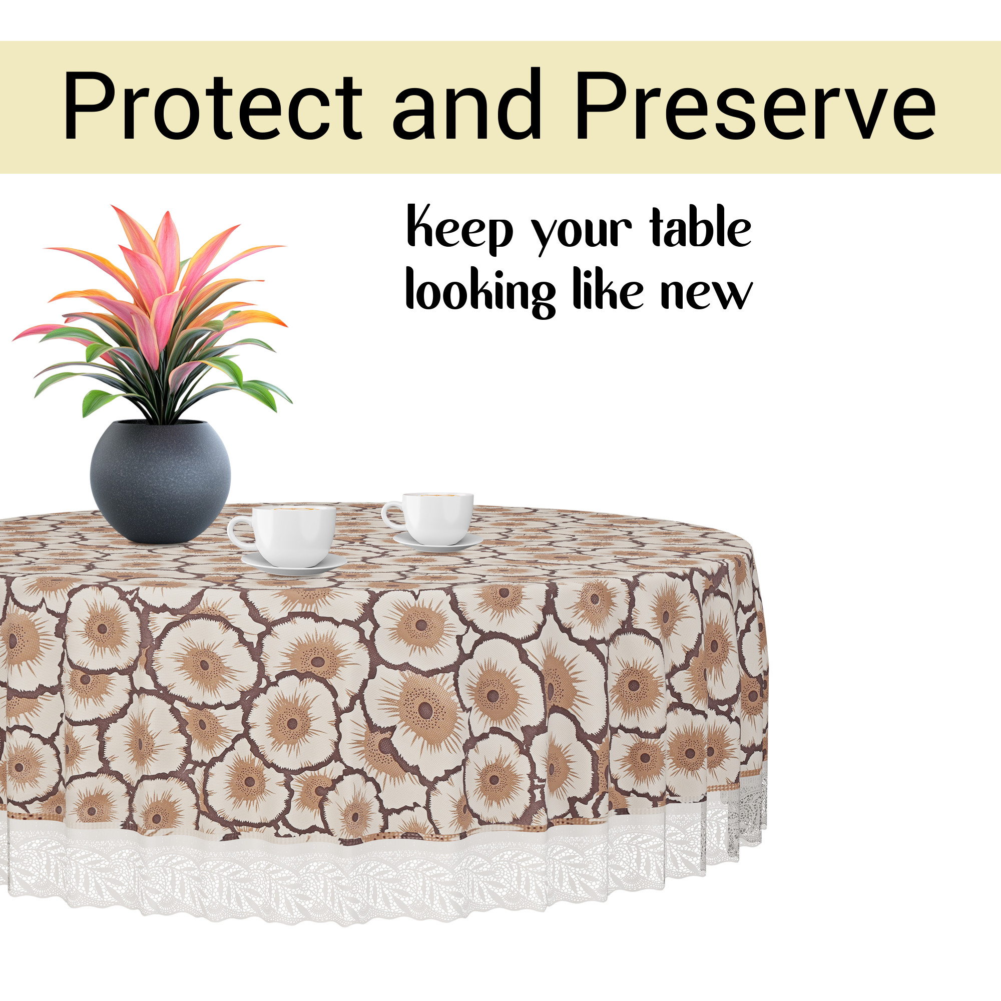 Kuber Industries 60x60 Inch Round Waterproof PVC Table Cover  Heat-Resistant Table Protector for Dining or Center Tables  Easy to Clean Scratch-Proof Tablecloth   Flower - Cream  Brown