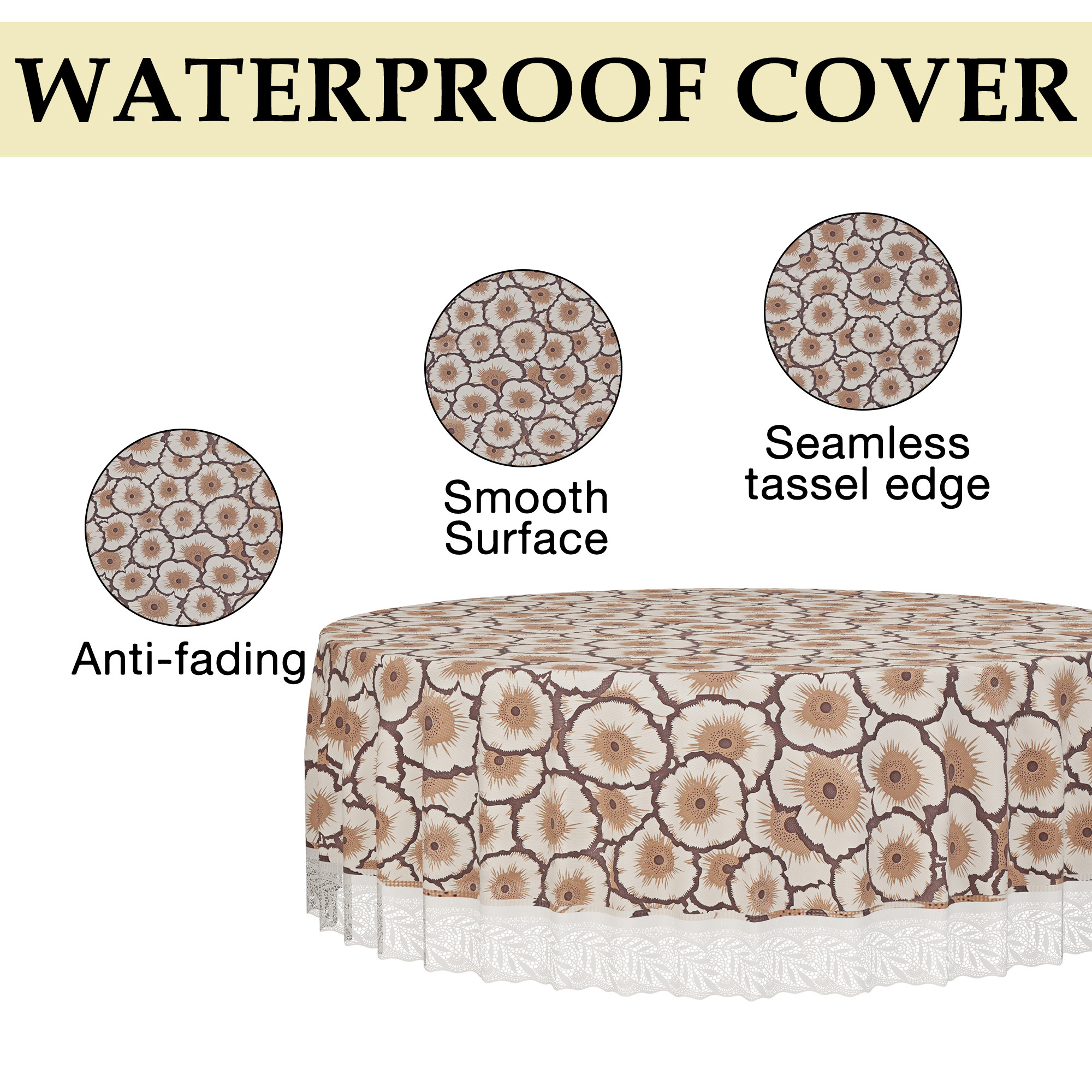 Kuber Industries 60x60 Inch Round Waterproof PVC Table Cover  Heat-Resistant Table Protector for Dining or Center Tables  Easy to Clean Scratch-Proof Tablecloth   Flower - Cream  Brown