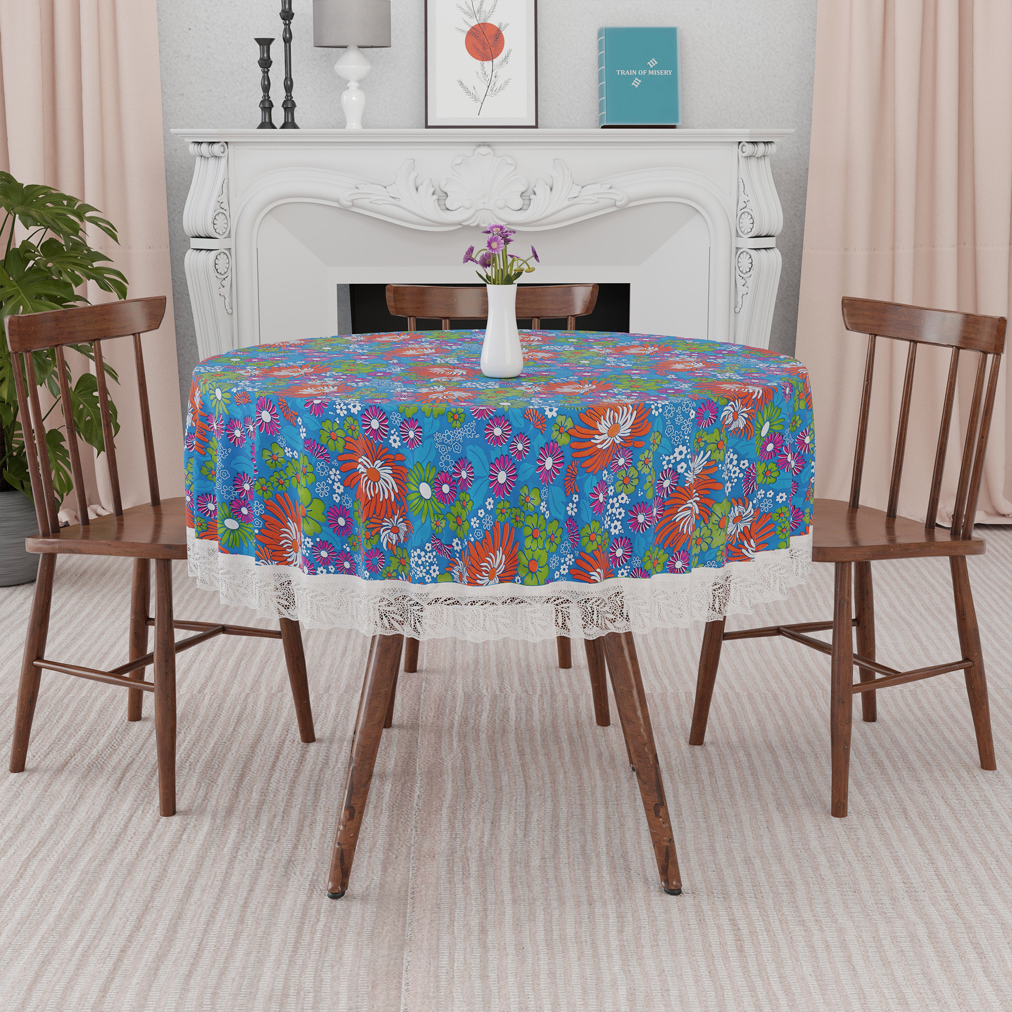 Kuber Industries 60x60 Inch Round Waterproof PVC Table Cover  Heat-Resistant Table Protector for Dining or Center Tables  Easy to Clean Scratch-Proof Tablecloth   Multi Flower - Blue