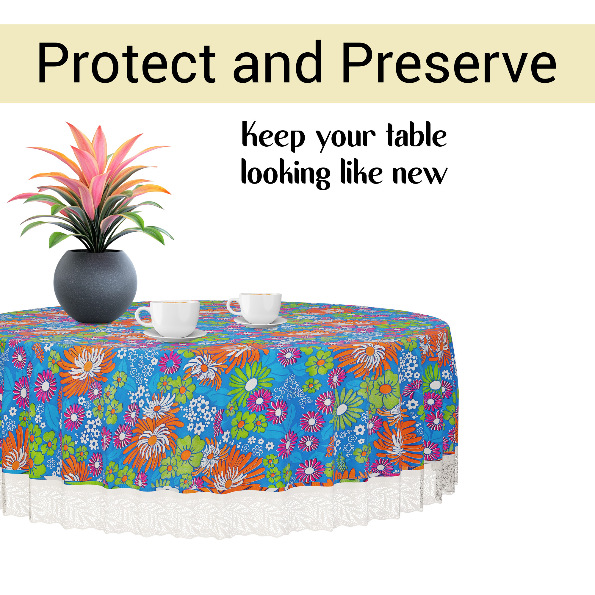 Kuber Industries 60x60 Inch Round Waterproof PVC Table Cover  Heat-Resistant Table Protector for Dining or Center Tables  Easy to Clean Scratch-Proof Tablecloth   Multi Flower - Blue