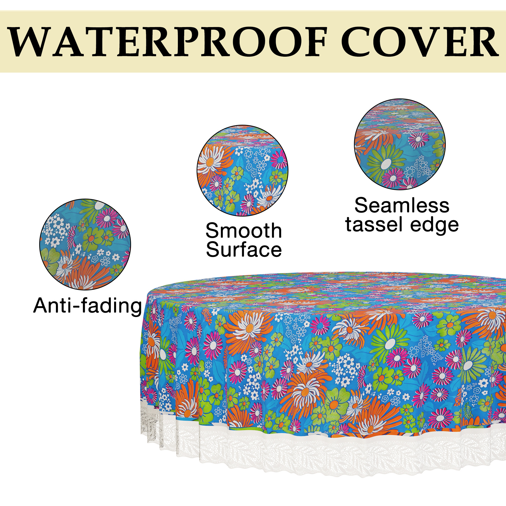 Kuber Industries 60x60 Inch Round Waterproof PVC Table Cover  Heat-Resistant Table Protector for Dining or Center Tables  Easy to Clean Scratch-Proof Tablecloth   Multi Flower - Blue