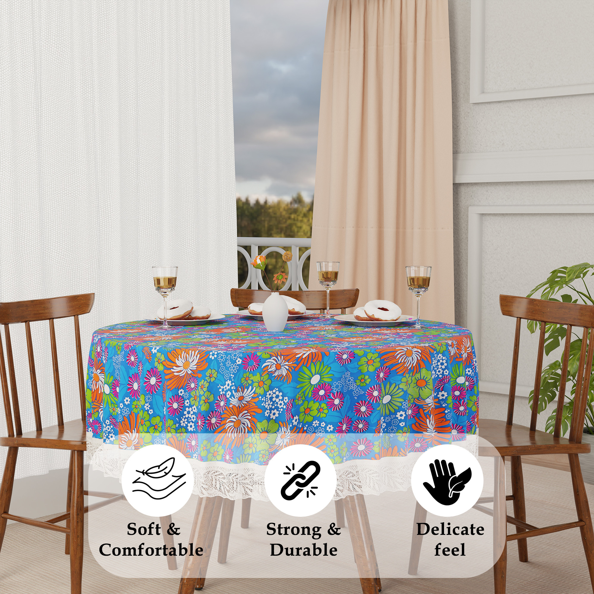 Kuber Industries 60x60 Inch Round Waterproof PVC Table Cover  Heat-Resistant Table Protector for Dining or Center Tables  Easy to Clean Scratch-Proof Tablecloth   Multi Flower - Blue