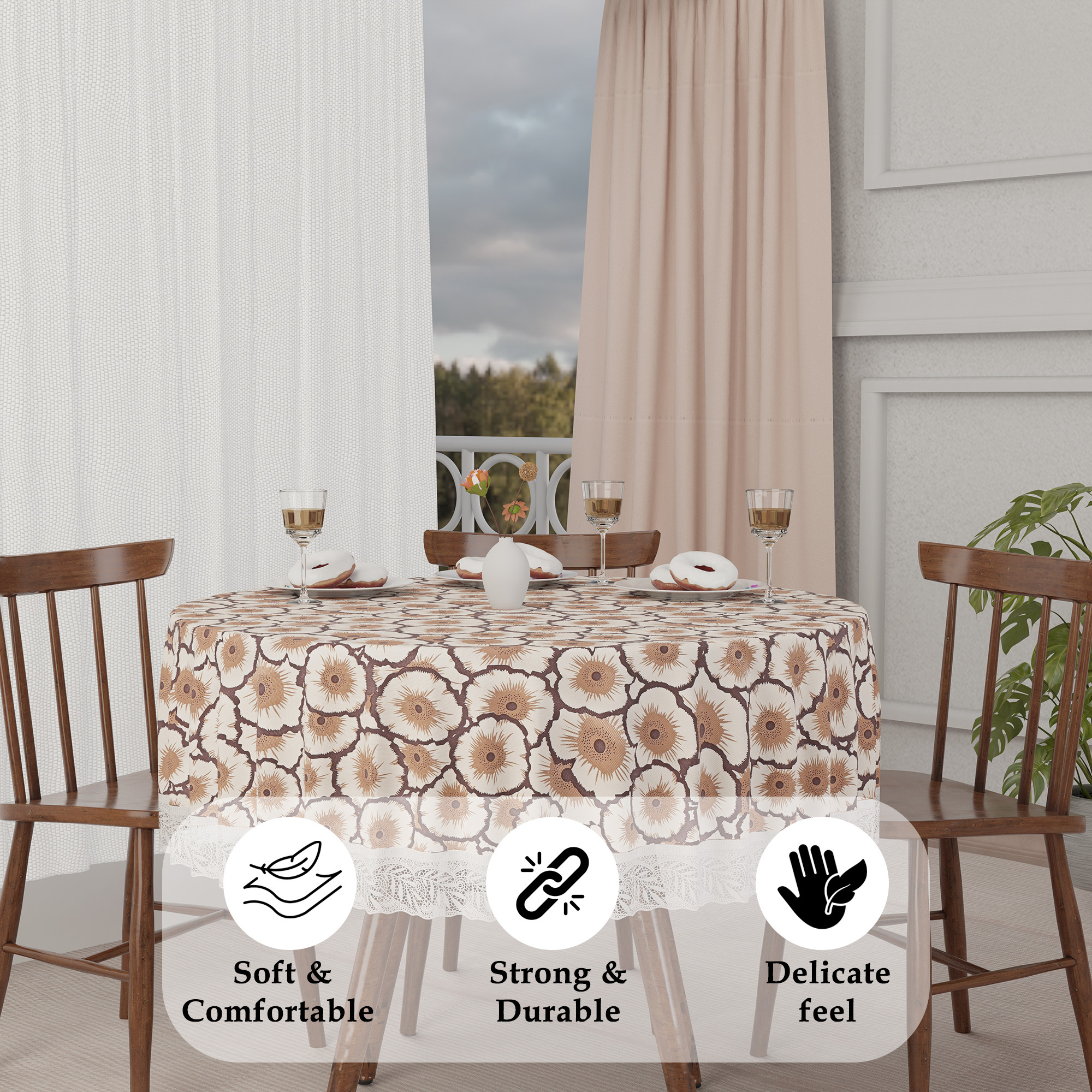 Kuber Industries 60x60 Inch Round Waterproof PVC Table Cover  Heat-Resistant Table Protector for Dining or Center Tables  Easy to Clean Scratch-Proof Tablecloth   Flower - Cream  Brown